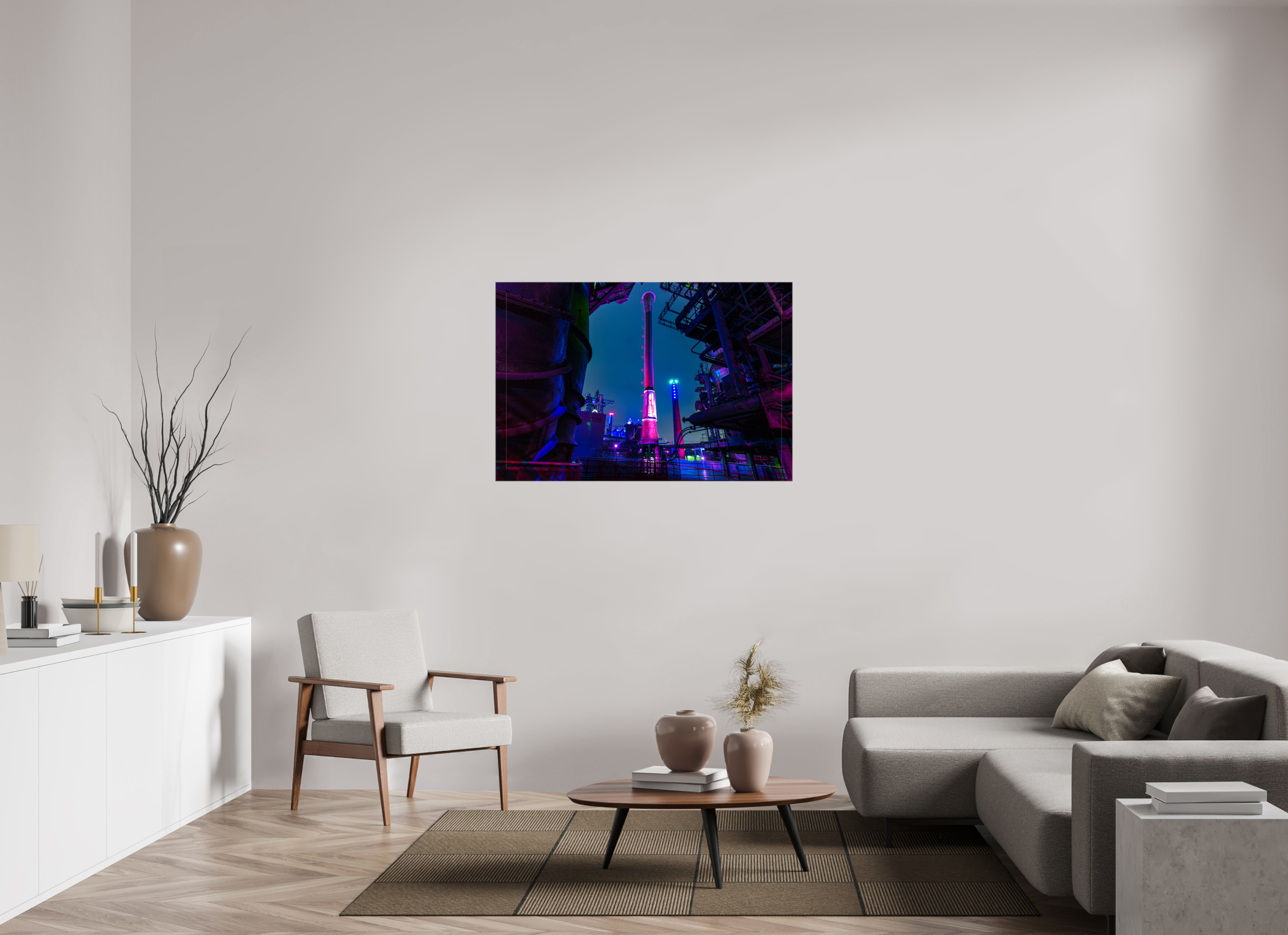 120 x 80 cm, Foto Leinwand glänzend Illuminierter Schornstein im Landschaftspark Duisburg