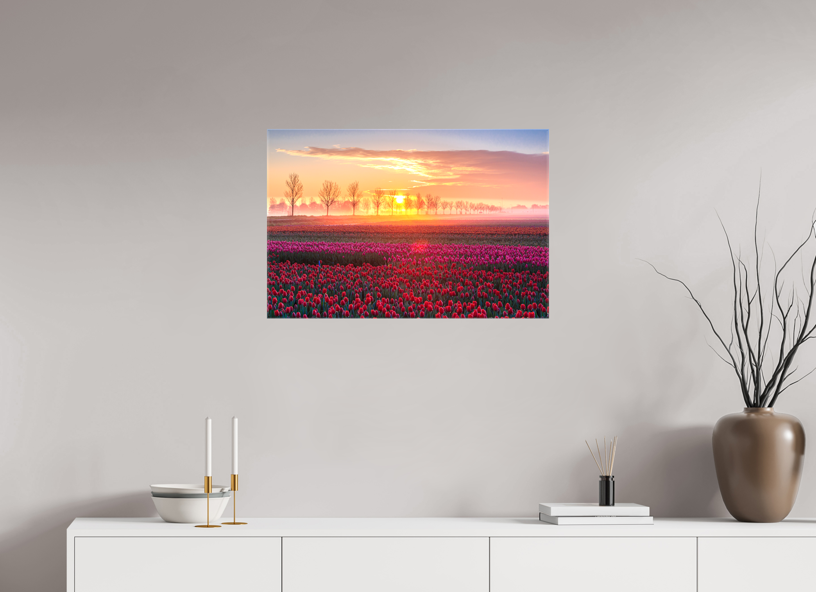 75 x 50 cm, Foto Leinwand glänzend Sonnenaufgang über dem Tulpfenfeld