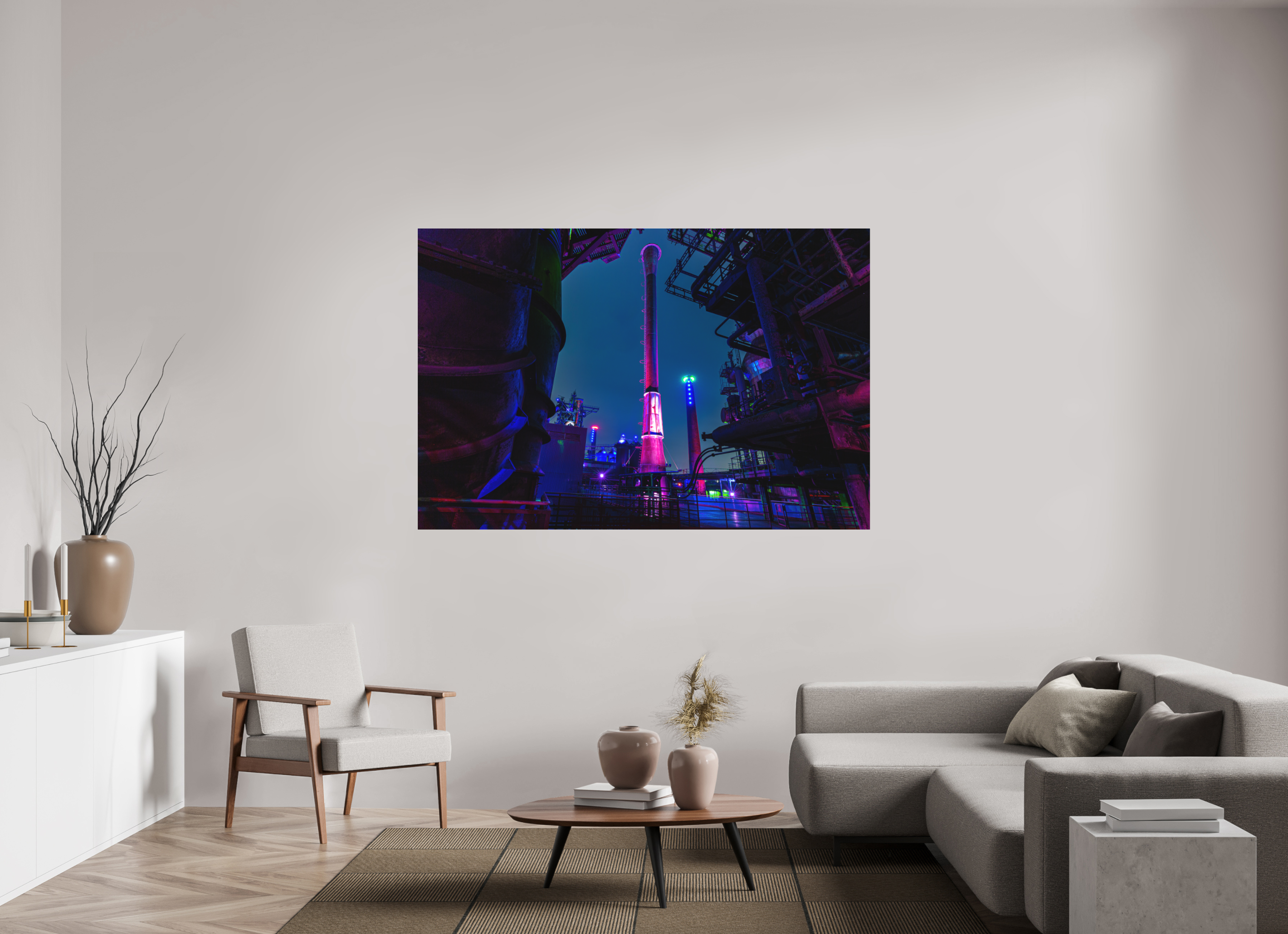 180 x 120 cm, Foto-Abzug hinter Acrylglas 3 mm matt Illuminierter Schornstein im Landschaftspark Duisburg