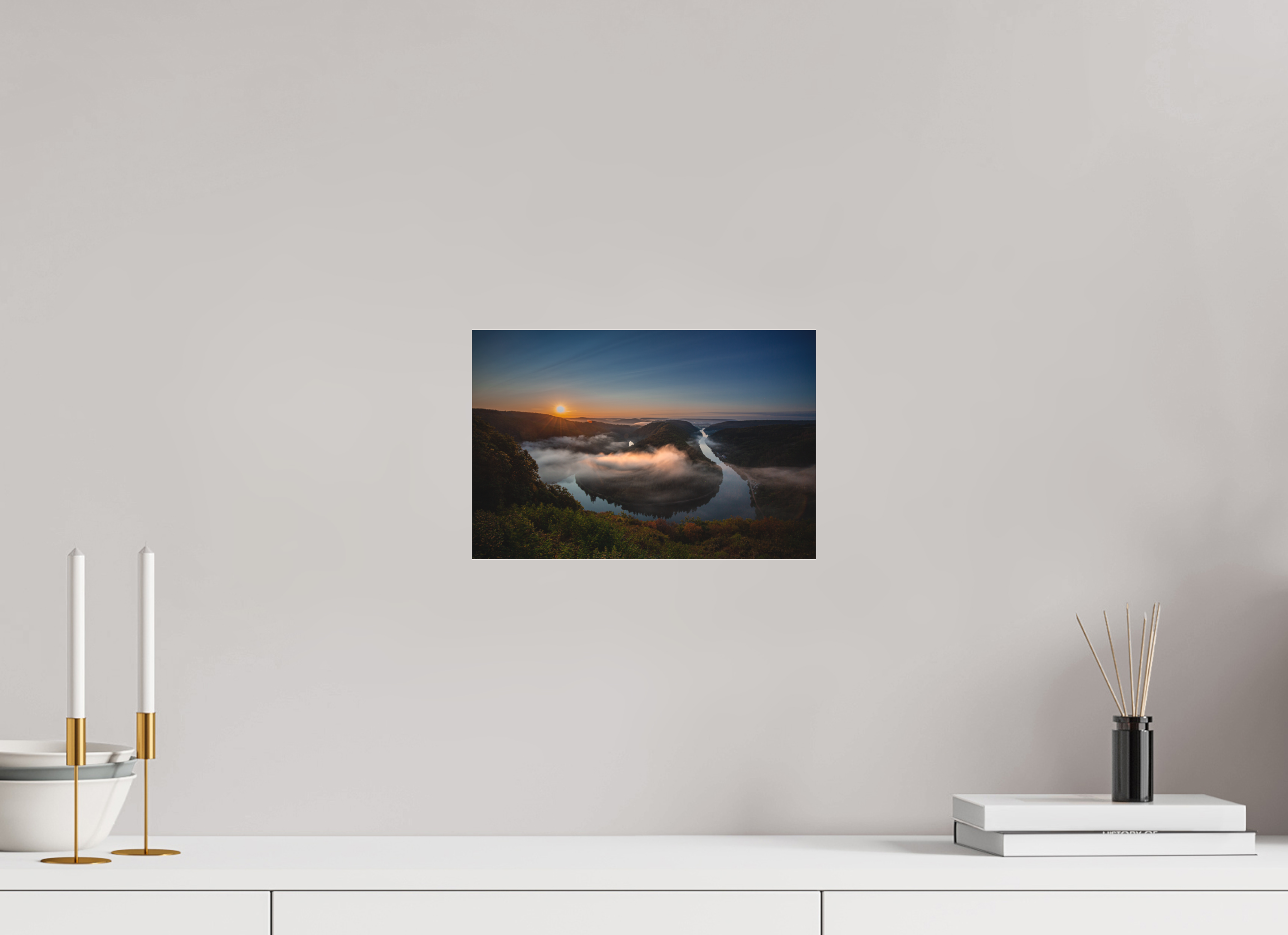 30 x 20 cm, Foto-Abzug hinter Acrylglas 3 mm matt Sonnenaufgang an der Saarschleife