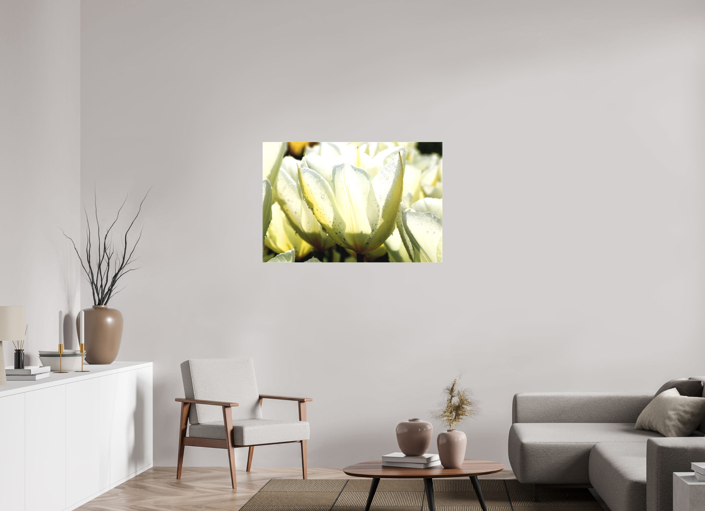 105 x 70 cm, Foto-Leinwand matt Morgentau auf Tulpen-Blütenblättern