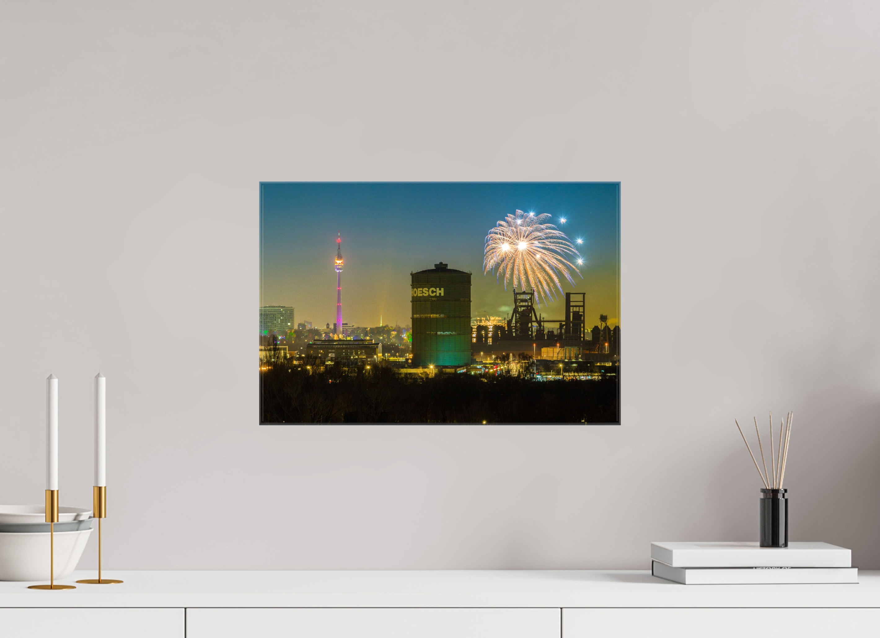45 x 30 cm, Foto Leinwand glänzend Feuerwerk an der Dortmunder Skyline