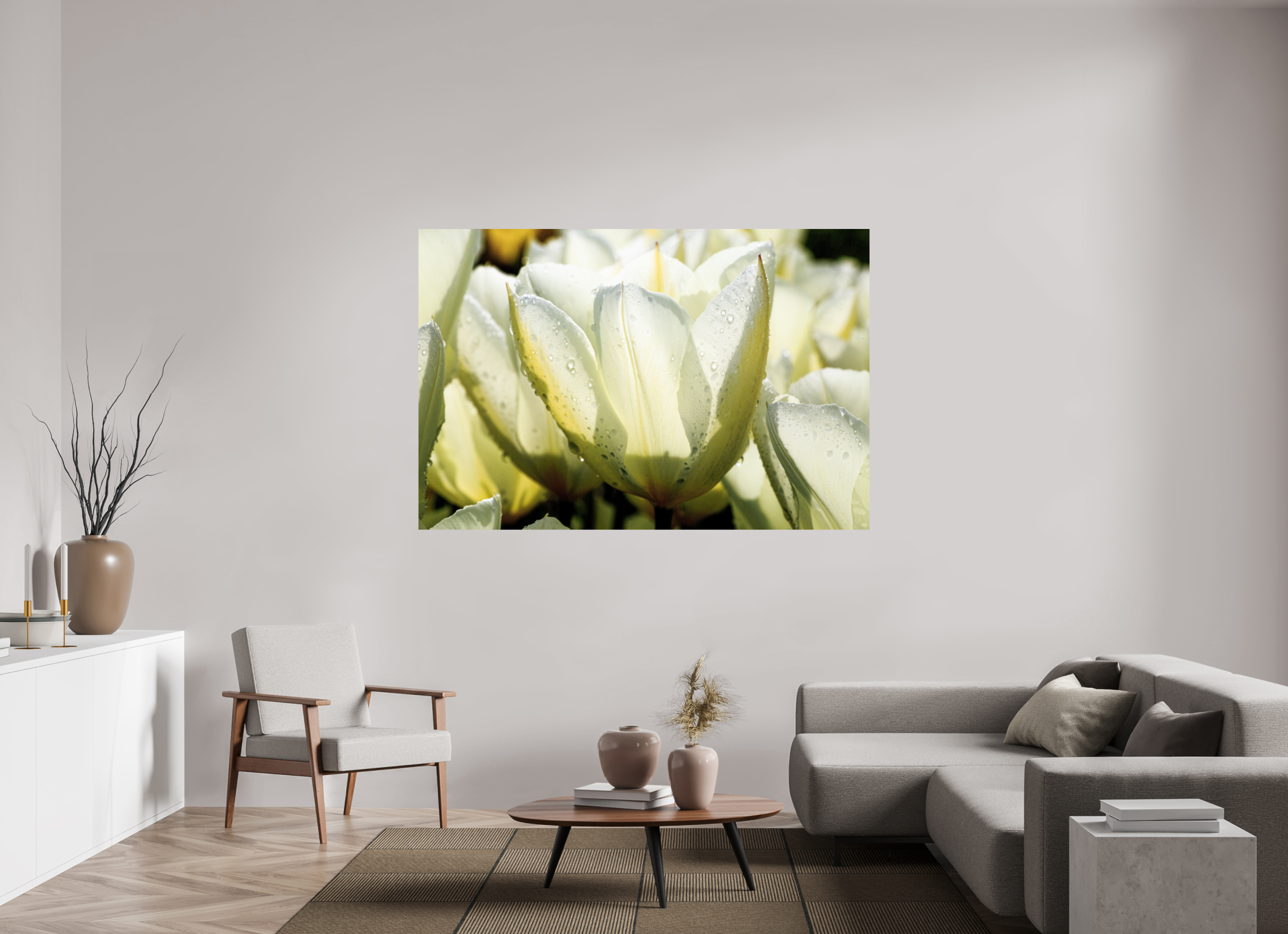 180 x 120 cm, Photo Print On Fuji Crystal DP II Morgentau auf Tulpen-Blütenblättern