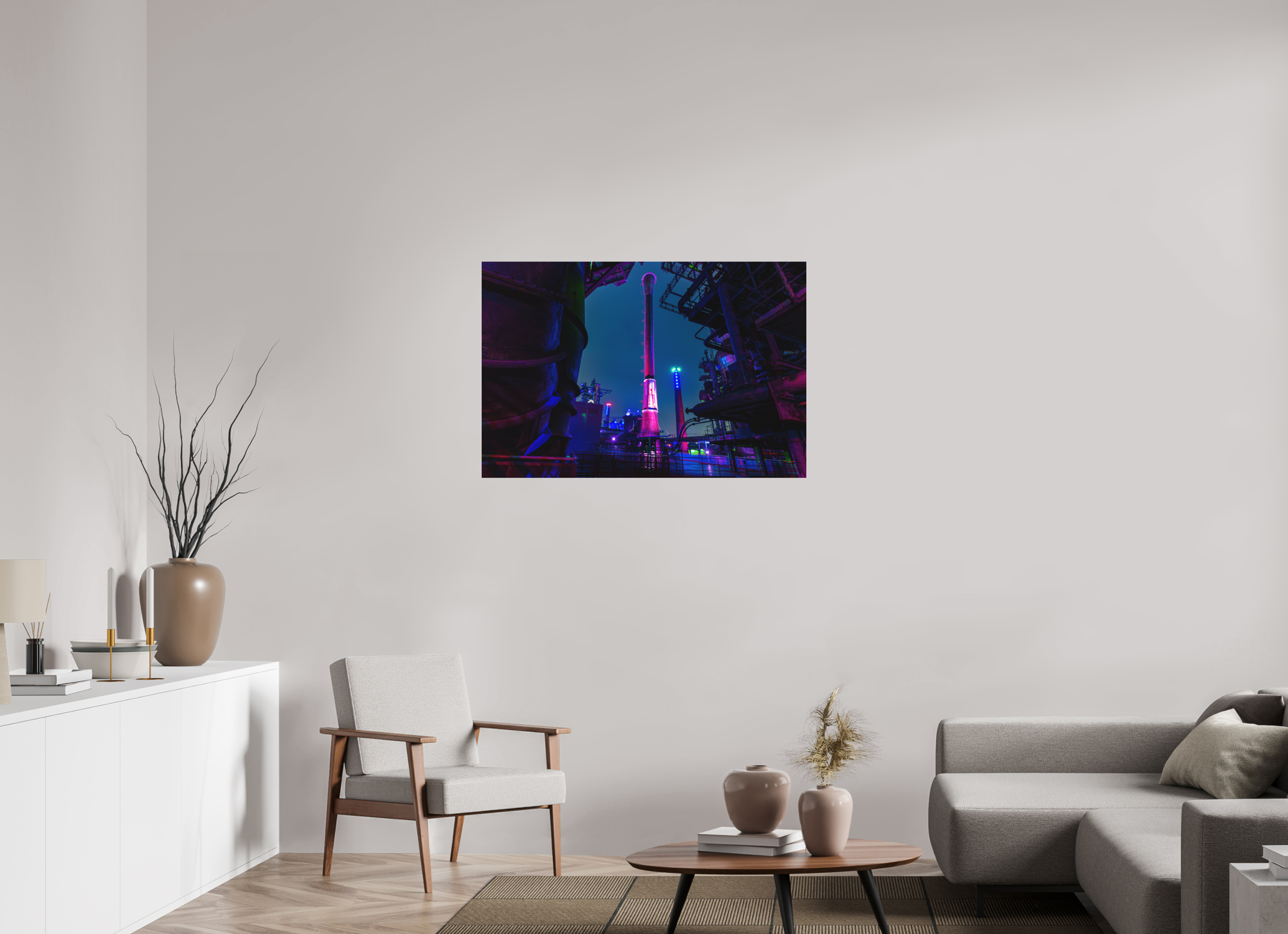 105 x 70 cm, Foto-Abzug hinter Acrylglas 3 mm matt Illuminierter Schornstein im Landschaftspark Duisburg