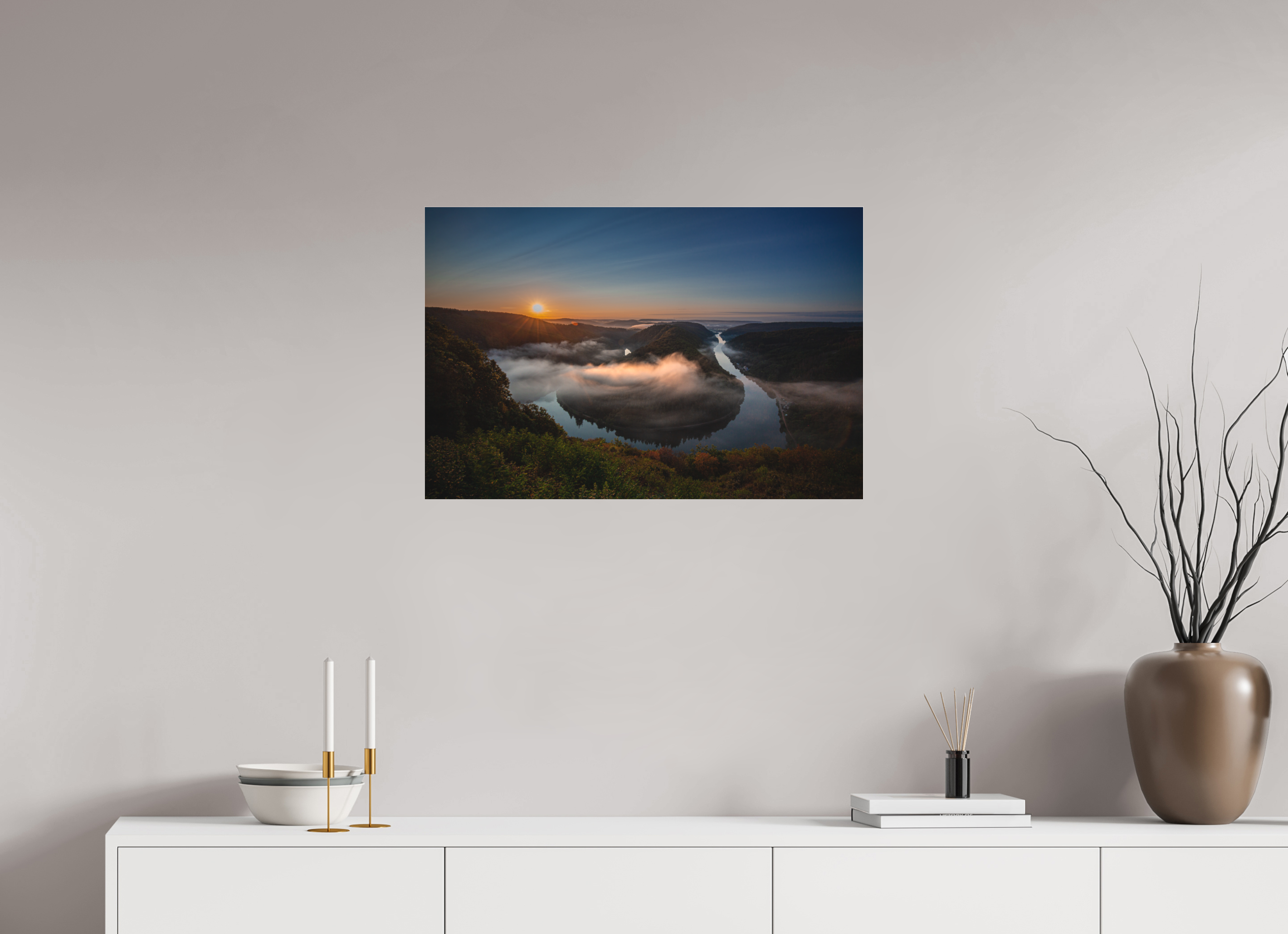 75 x 50 cm, Foto-Abzug hinter Acrylglas 3 mm matt Sonnenaufgang an der Saarschleife