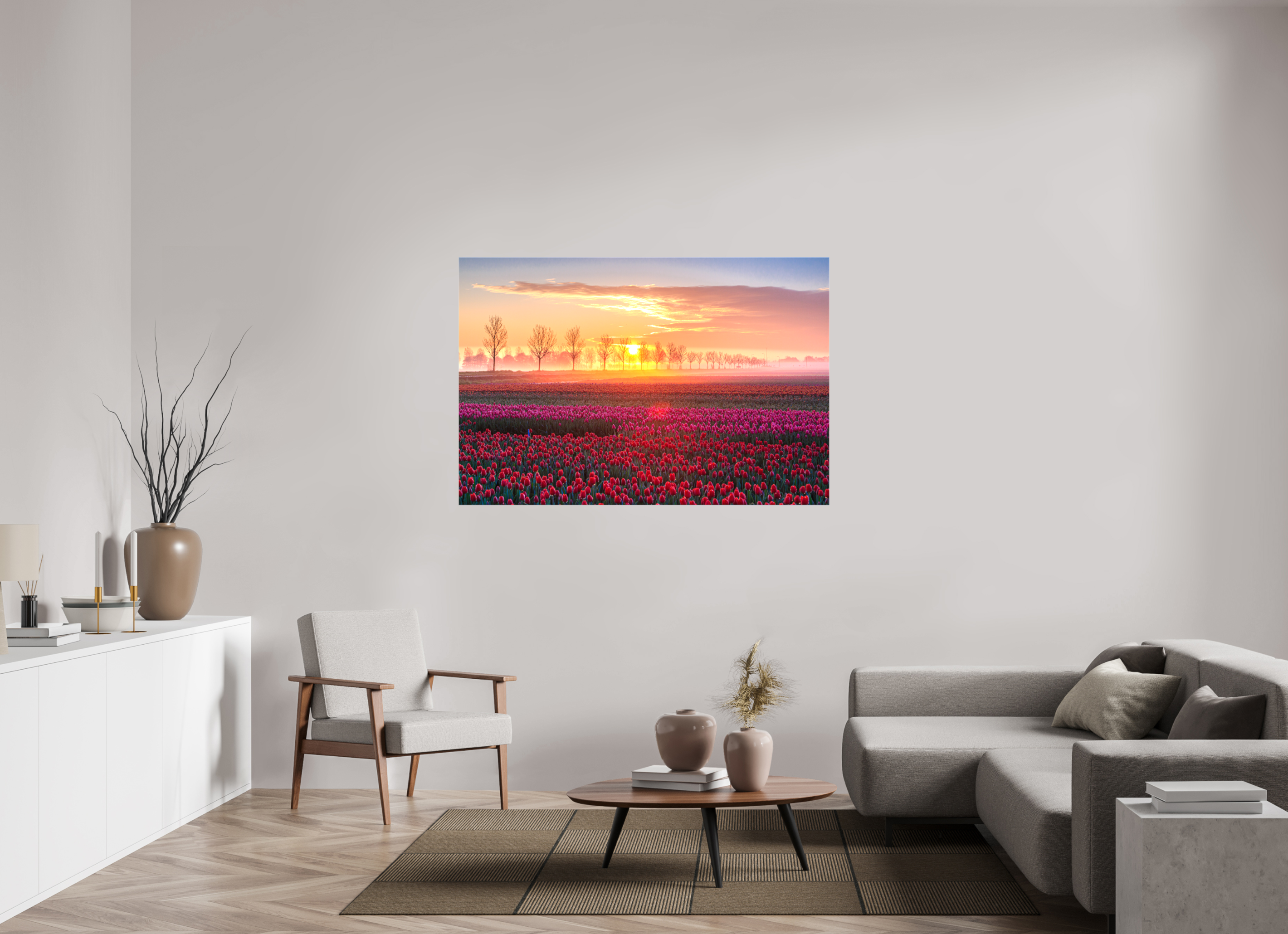 150 x 100 cm, Foto Leinwand glänzend Sonnenaufgang über dem Tulpfenfeld
