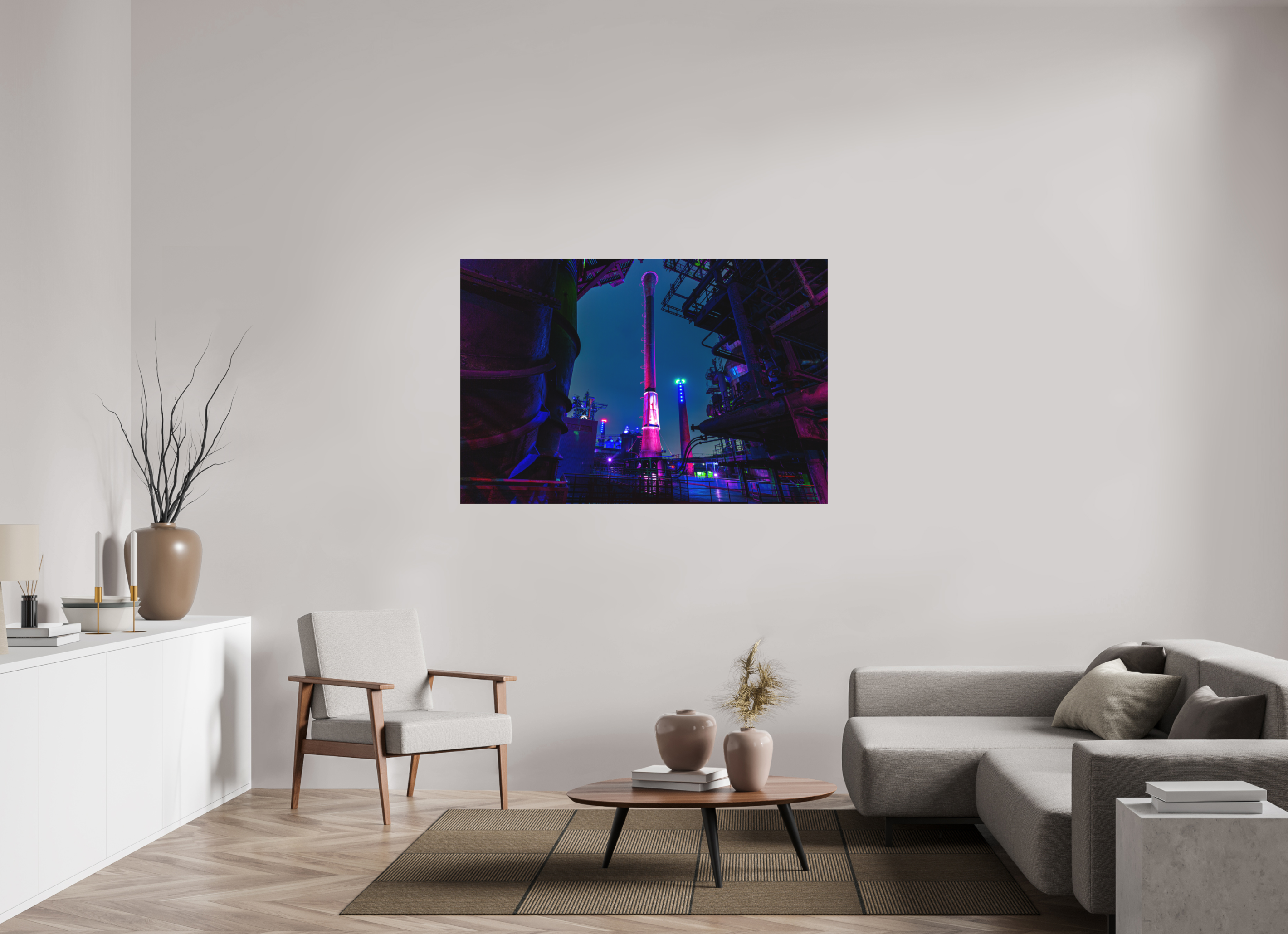 150 x 100 cm, Foto-Abzug hinter Acrylglas 3 mm matt Illuminierter Schornstein im Landschaftspark Duisburg