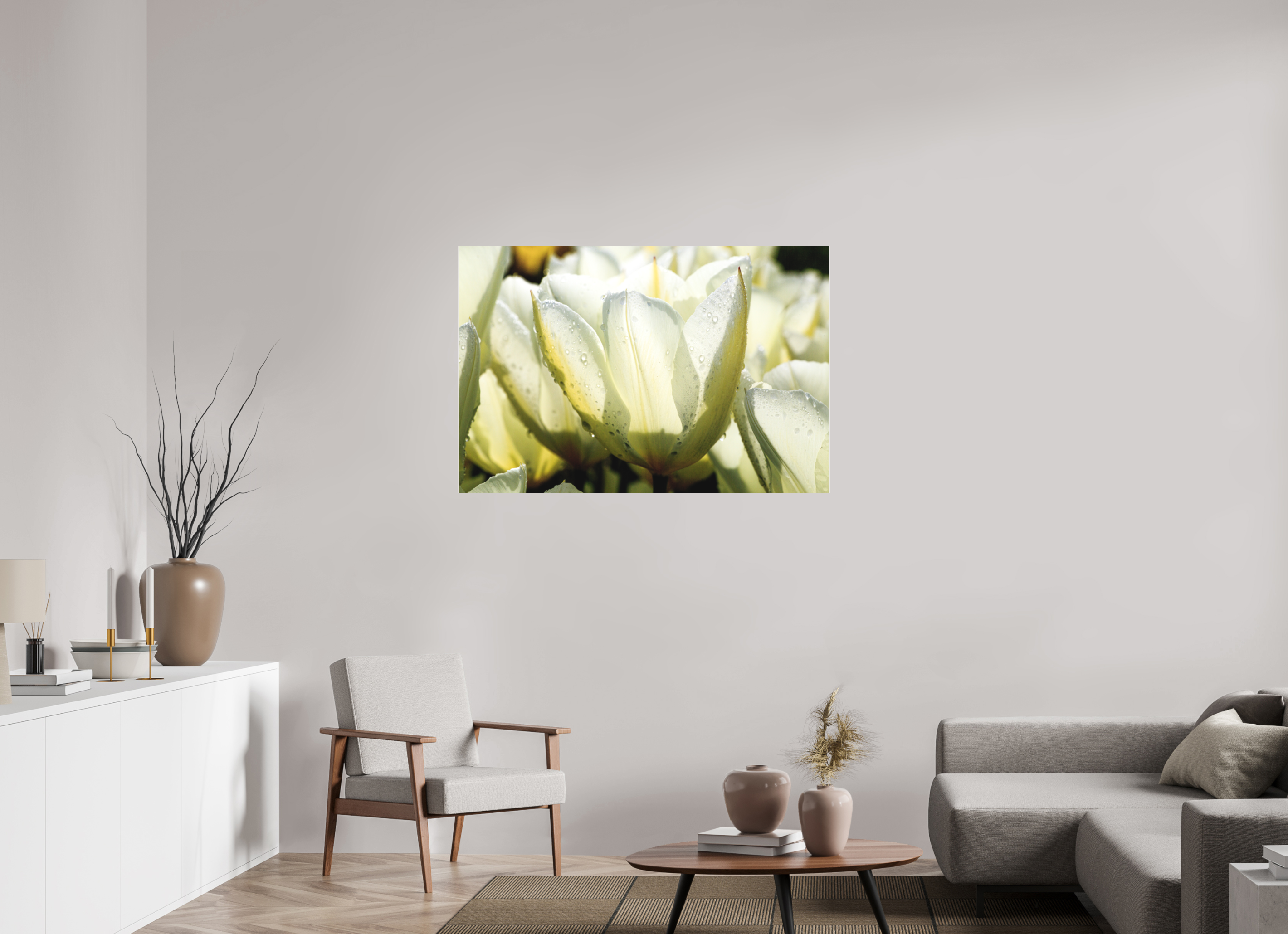 120 x 80 cm, Foto-Abzug hinter Acrylglas 3 mm matt Morgentau auf Tulpen-Blütenblättern