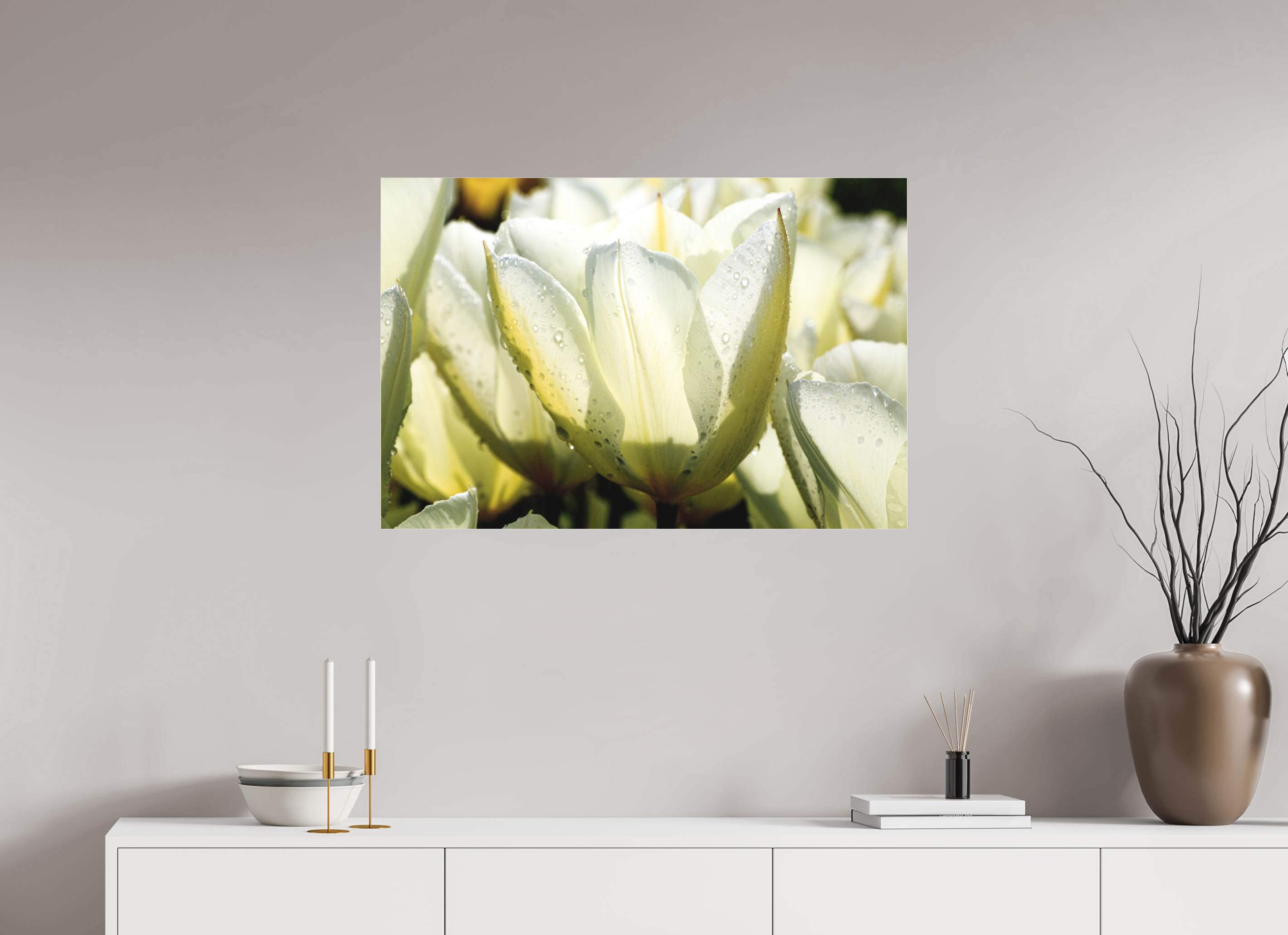 90 x 60 cm, Foto-Abzug hinter Acrylglas 3 mm matt Morgentau auf Tulpen-Blütenblättern