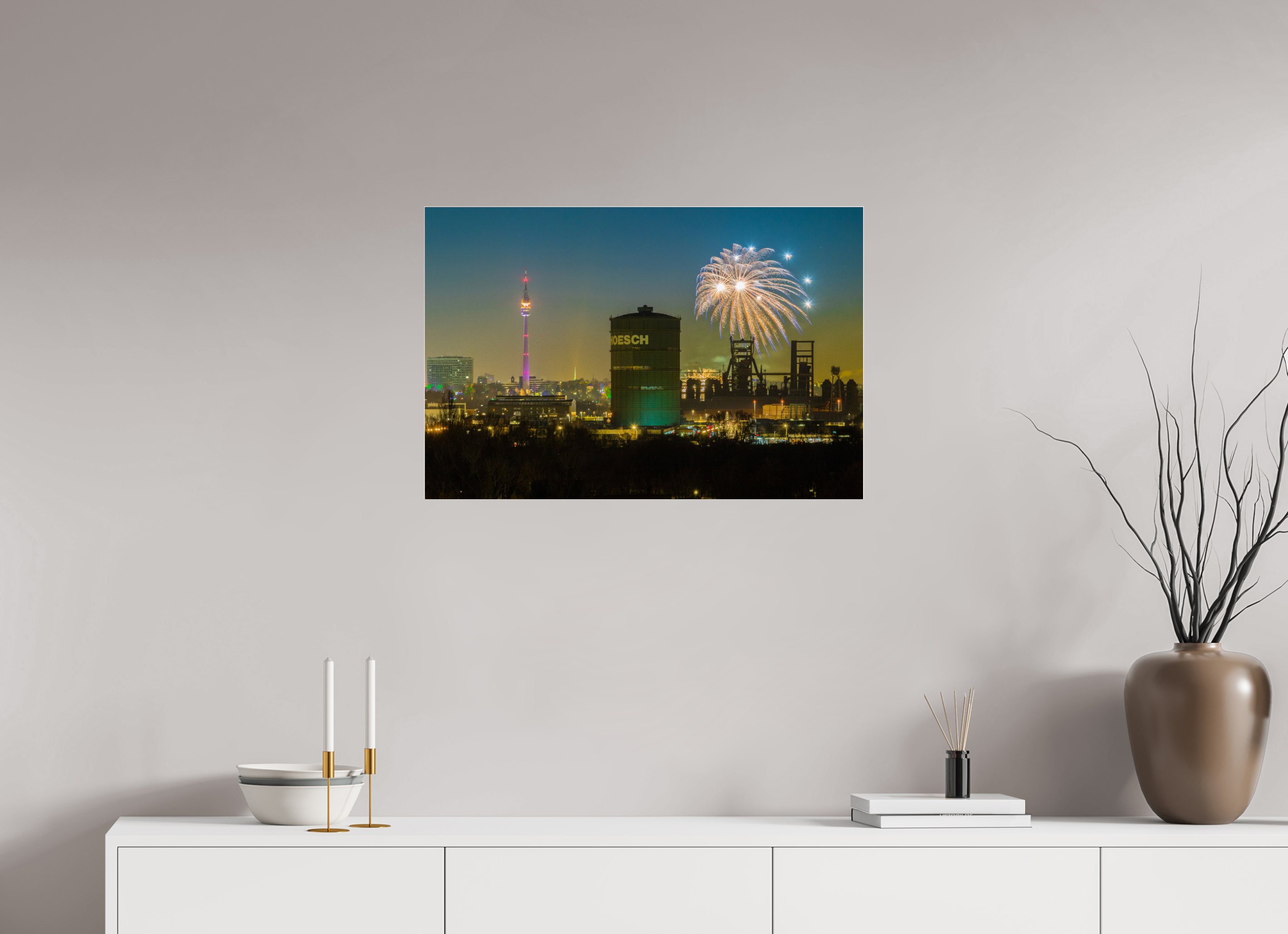 75 x 50 cm, Acrylglas 4 mm glänzend Feuerwerk an der Dortmunder Skyline