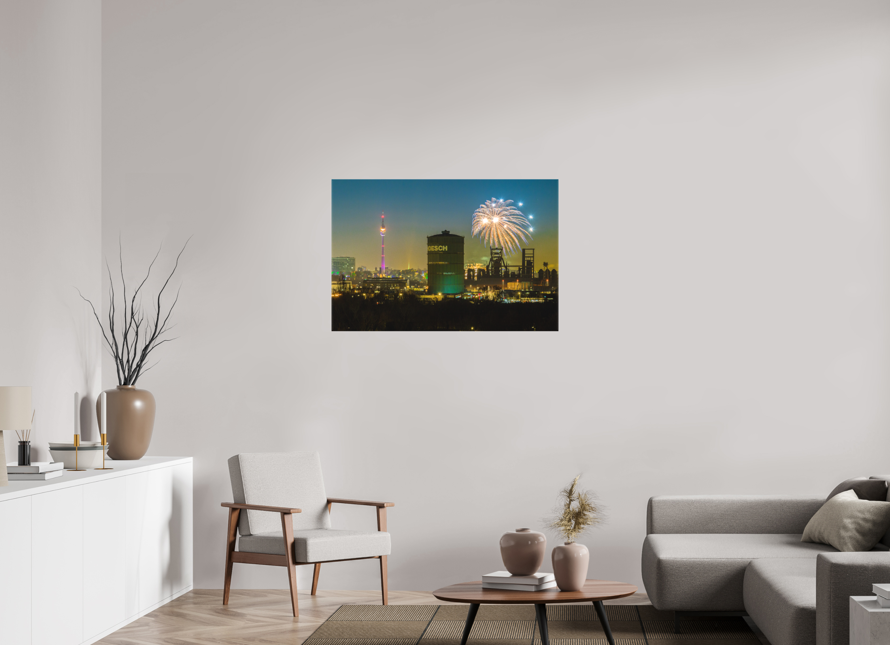 105 x 70 cm, Foto-Leinwand matt Feuerwerk an der Dortmunder Skyline