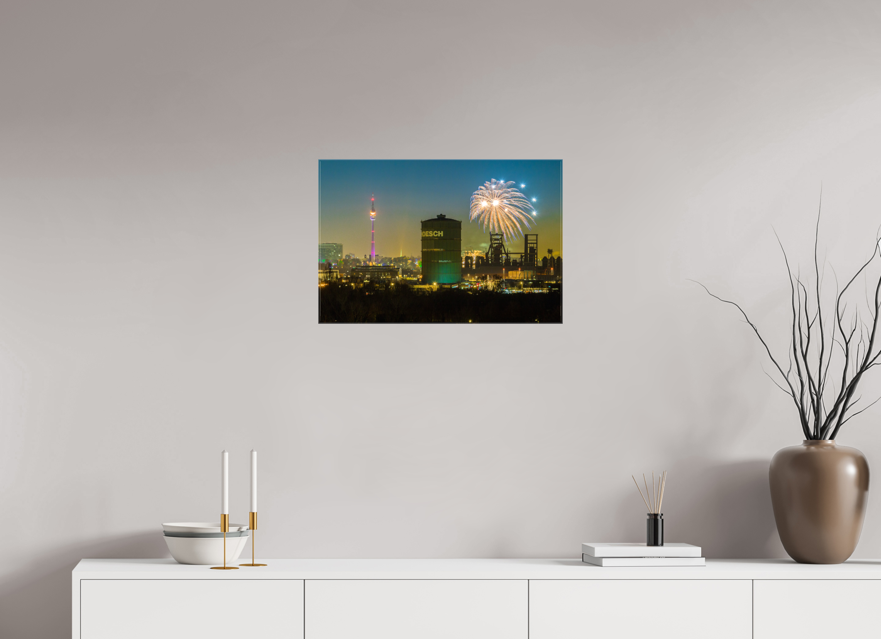 60 x 40 cm, Foto Leinwand glänzend Feuerwerk an der Dortmunder Skyline