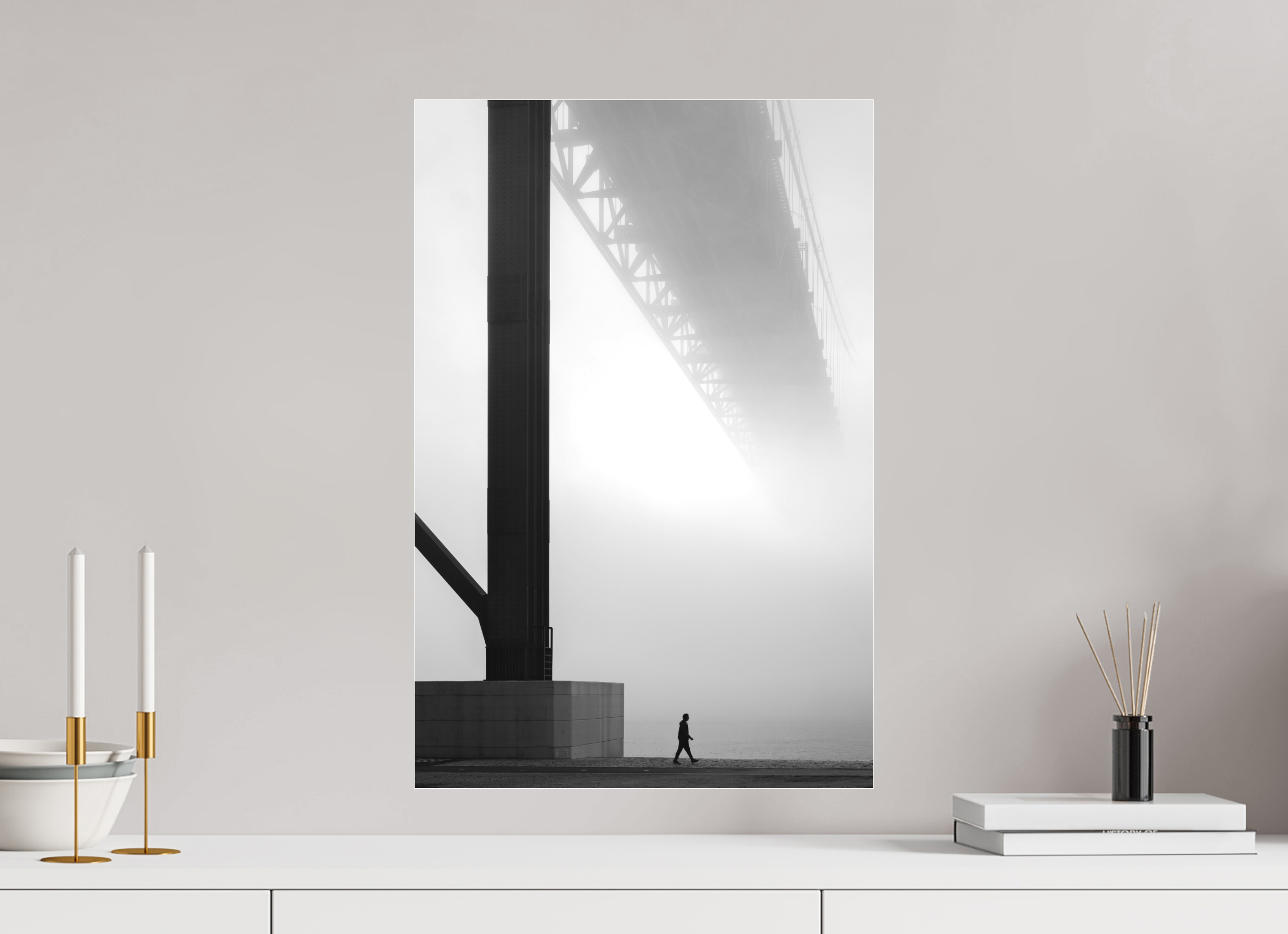 40 x 60 cm, Foto-Abzug hinter Acrylglas 3 mm matt Lissabon Brücke im Nebel S/W – Wandbild in Galeriequalität