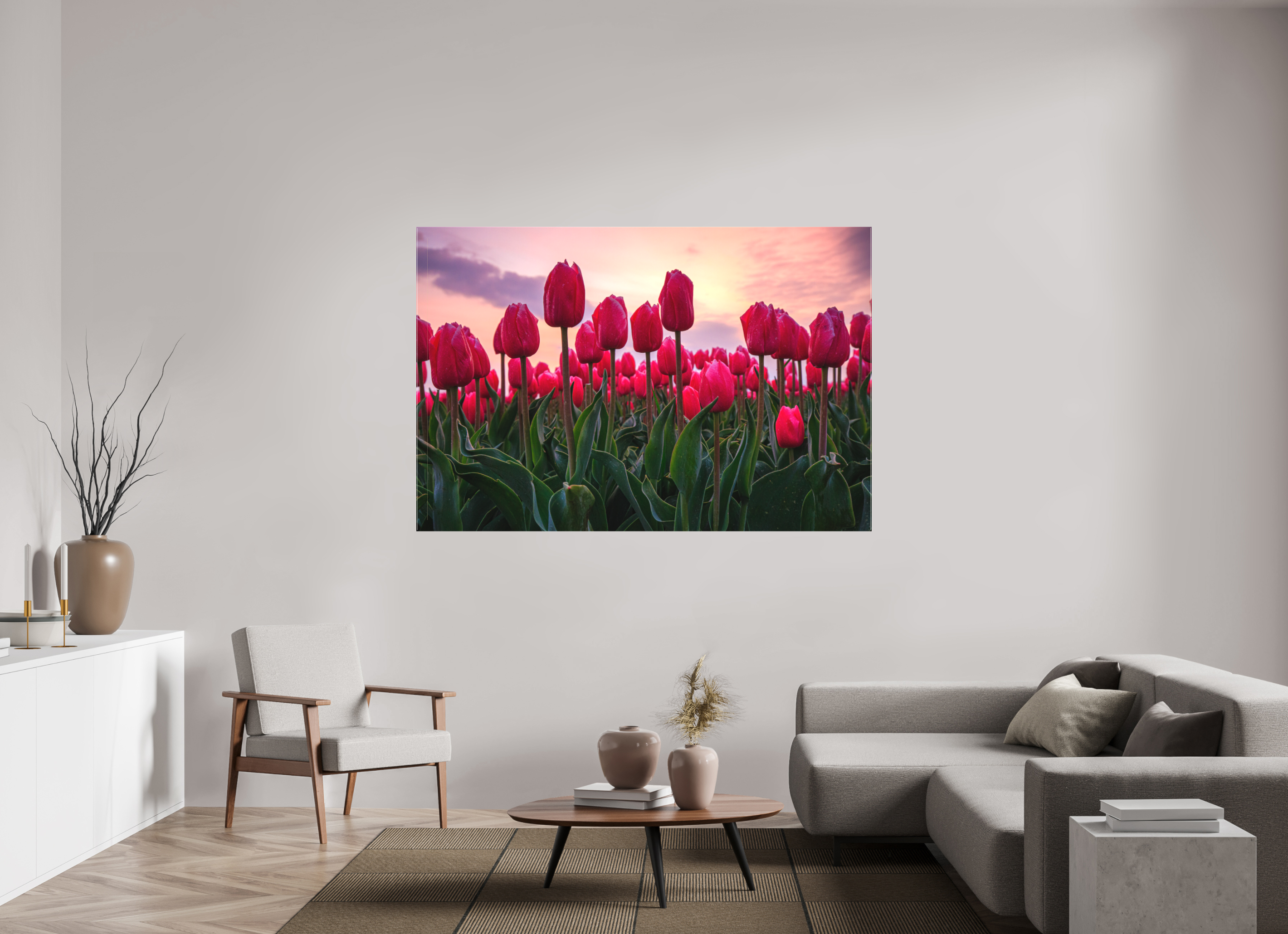 180 x 120 cm, Foto-Leinwand matt Glutrot am Horizont: Magie des Tulpenfelds im Abendlicht