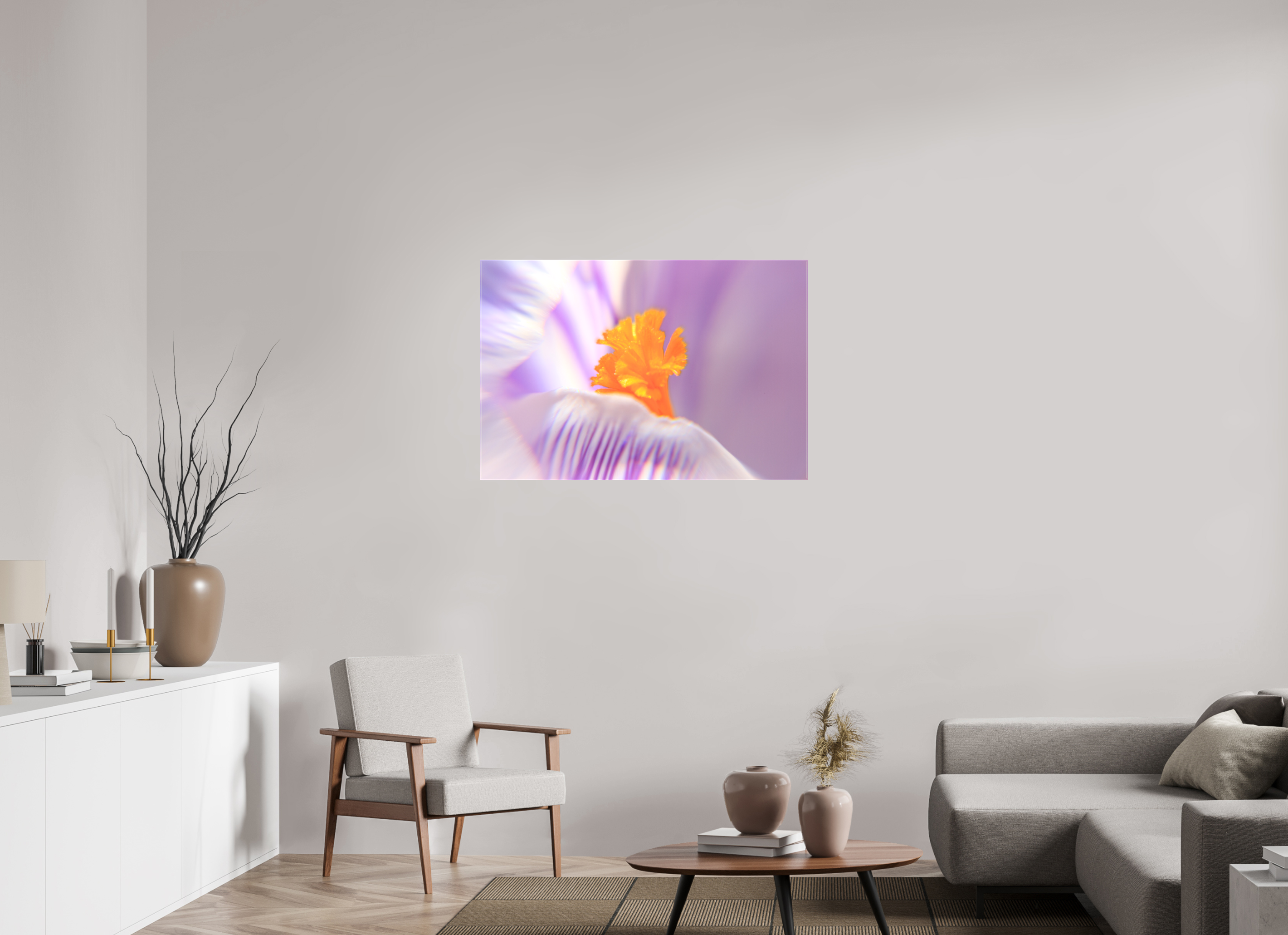 105 x 70 cm, Foto Leinwand glänzend Das Herz des Krokus: Schärfe auf Lila