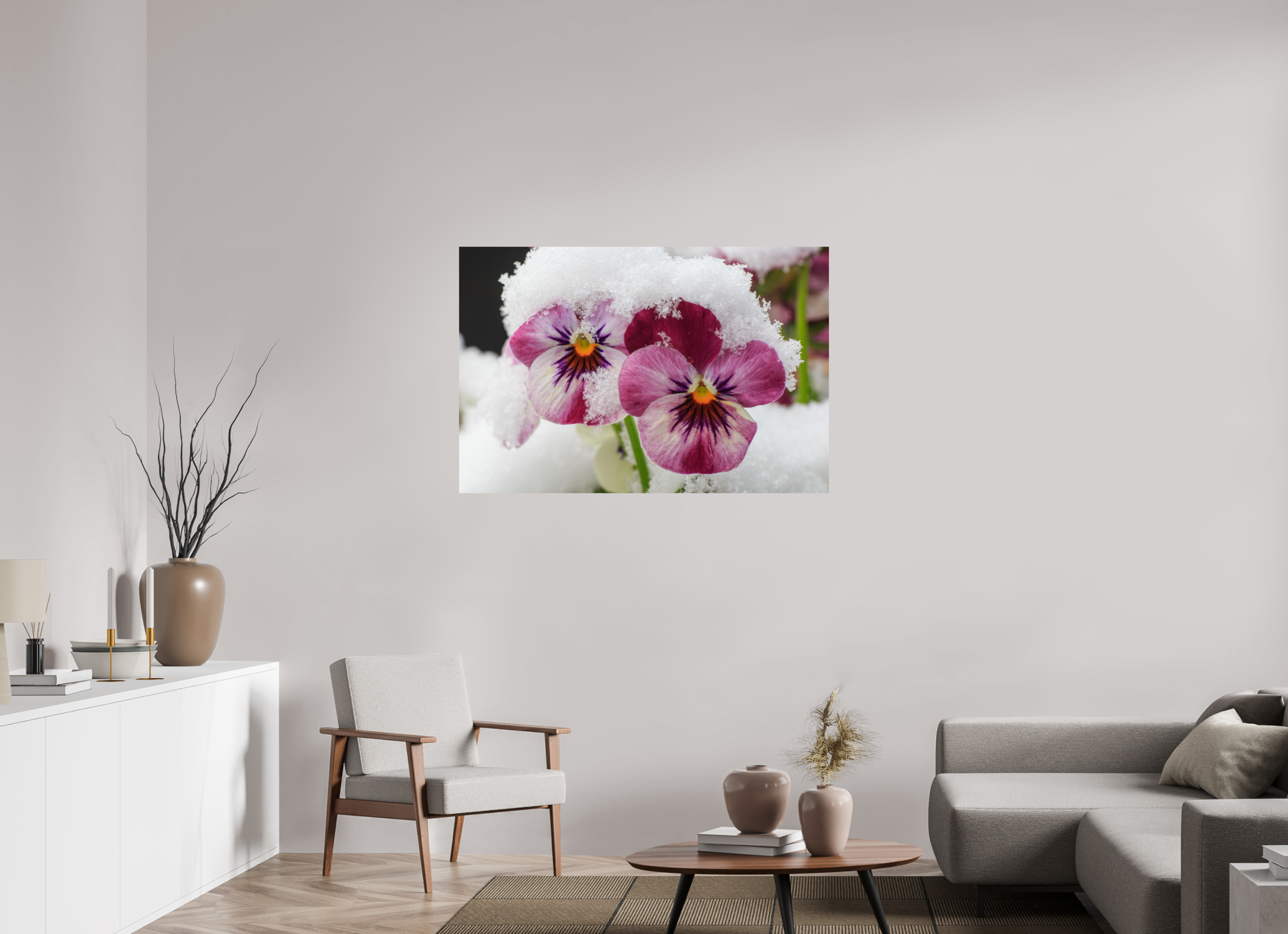 120 x 80 cm, Photo Print On Fuji Crystal DP II Winterzauber: Veilchenblüte mit glitzernden Eiskristallen