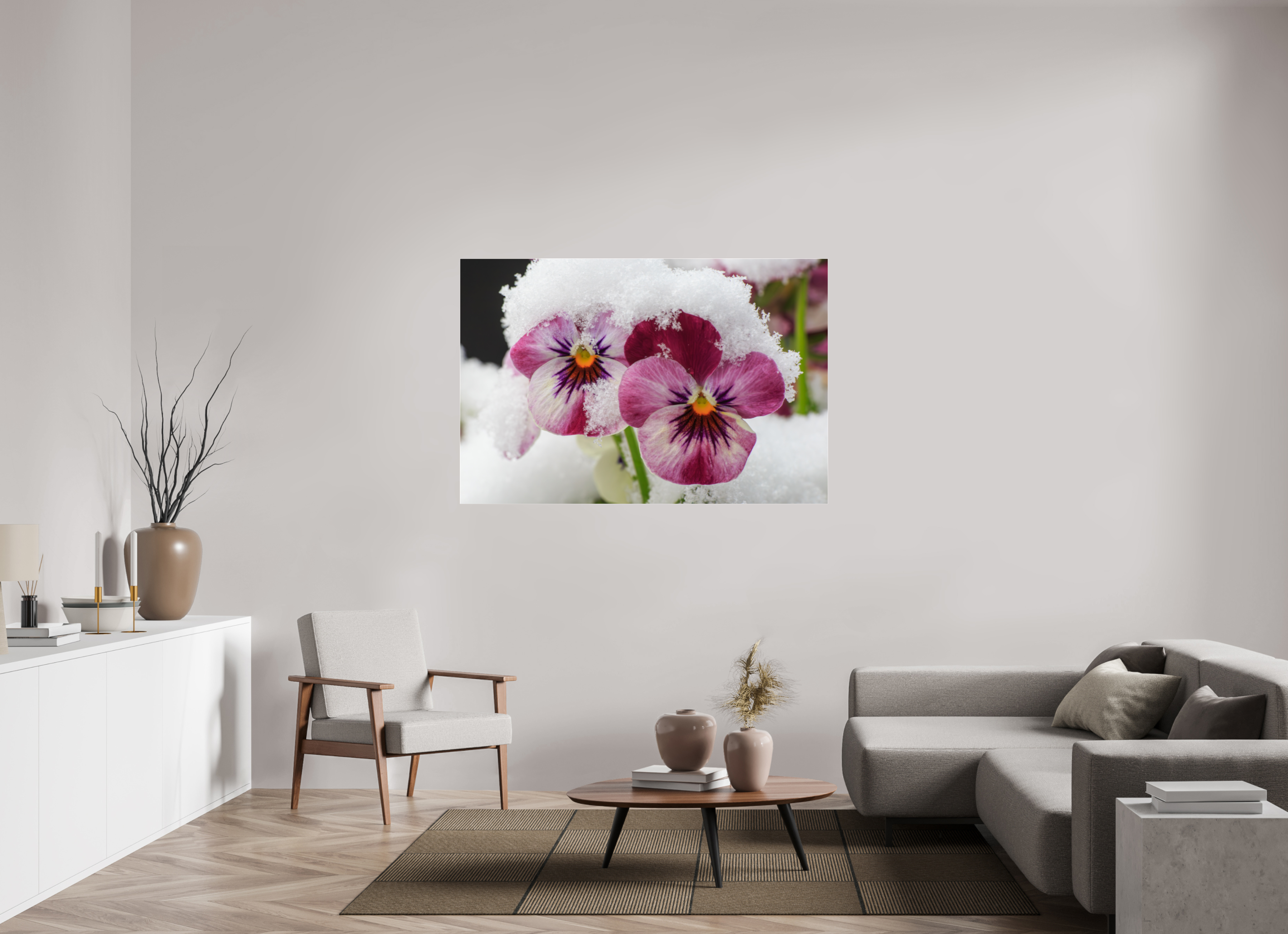 150 x 100 cm, Foto-Abzug Acrylglas 4 mm glänzend Winterzauber: Veilchenblüte mit glitzernden Eiskristallen