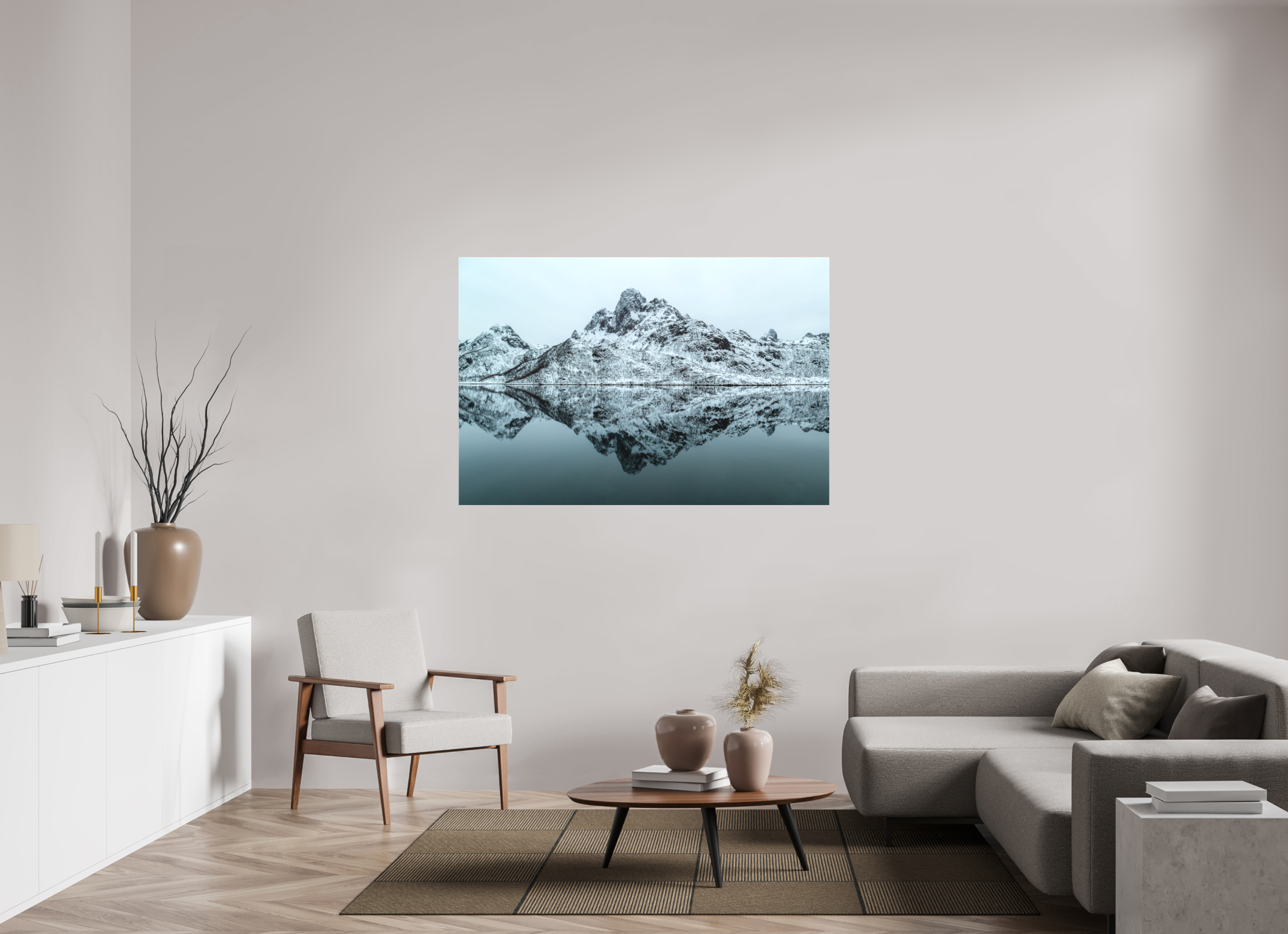 150 x 100 cm, Foto-Leinwand matt Spiegelung der Stille – Fjordlandschaft Norwegens
