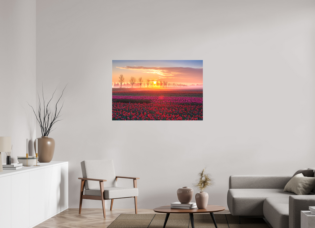 120 x 80 cm, Foto-Abzug hinter Acrylglas 3 mm matt Sonnenaufgang über dem Tulpfenfeld