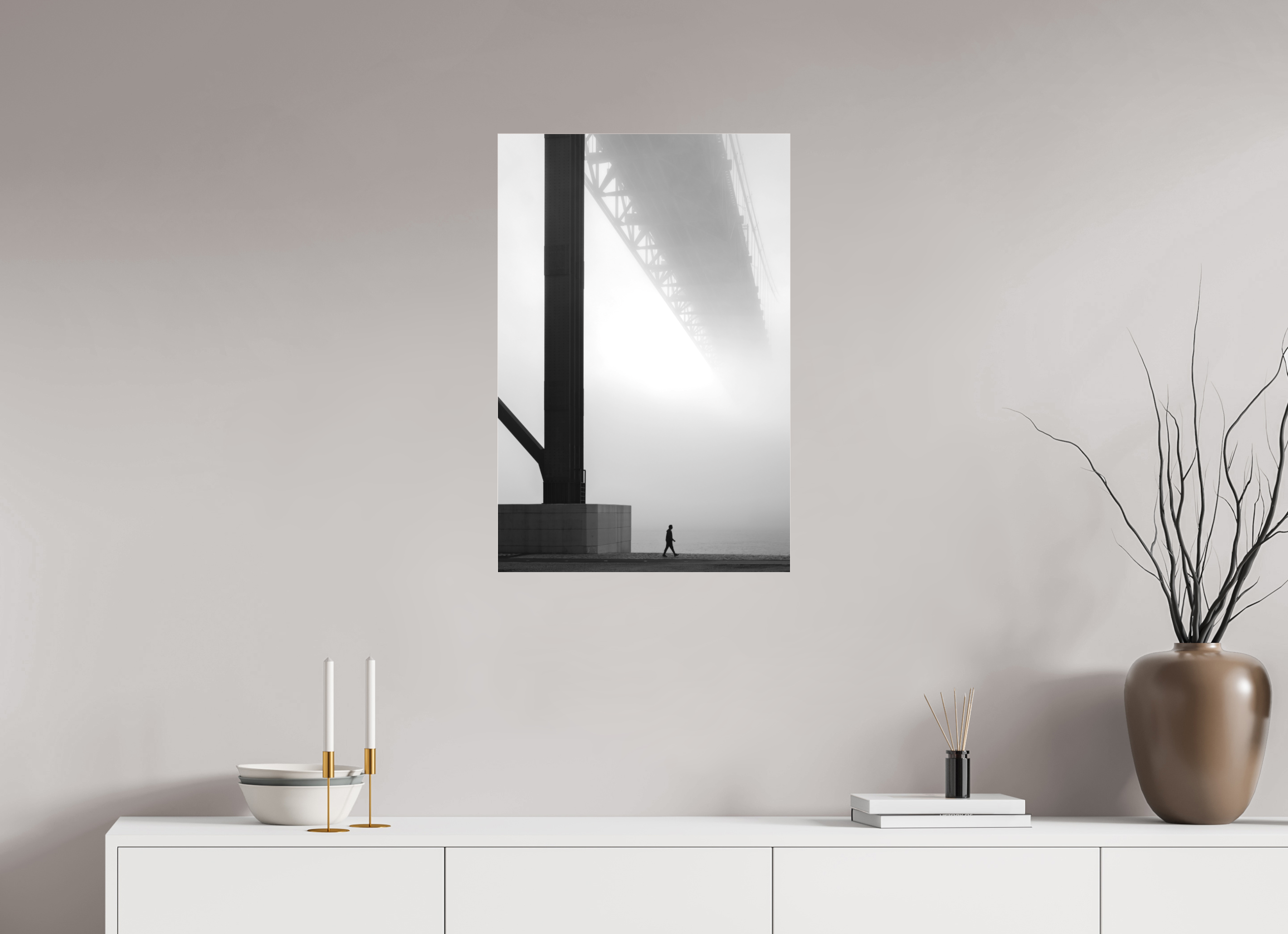 50 x 75 cm, Foto-Abzug hinter Acrylglas 3 mm matt Lissabon Brücke im Nebel S/W – Wandbild in Galeriequalität