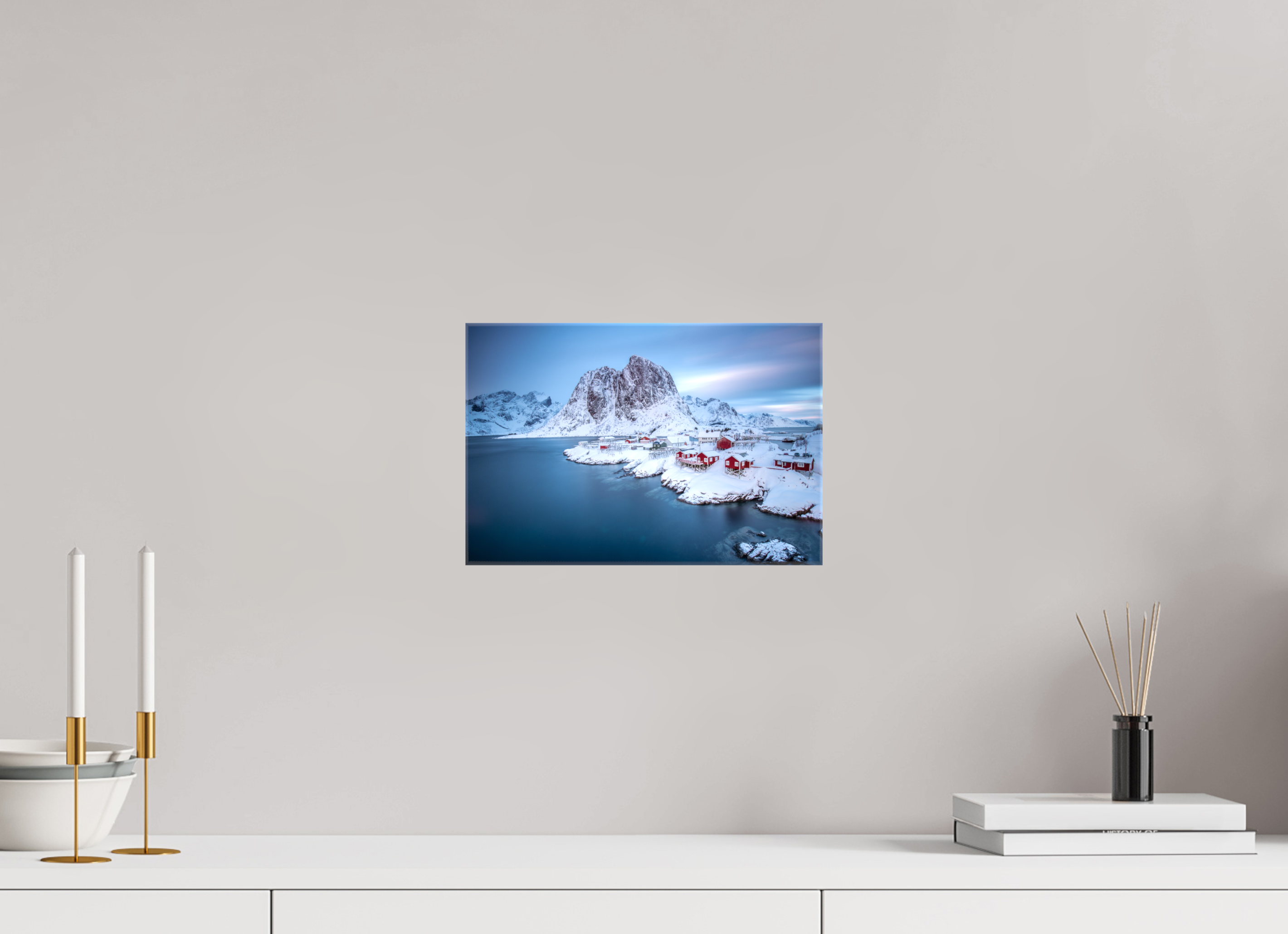 30 x 20 cm, Foto Leinwand glänzend Hamnøy - Fischerdorf auf den Lofoten im Winter