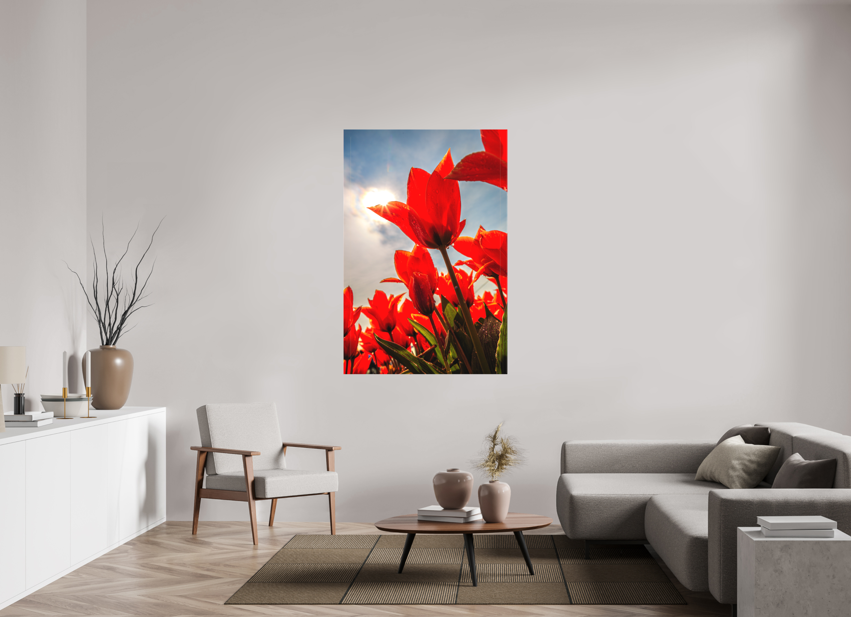 100 x 150 cm, Foto-Leinwand matt Leuchtende Kelche: Offene Tulpen im Sonnenlicht
