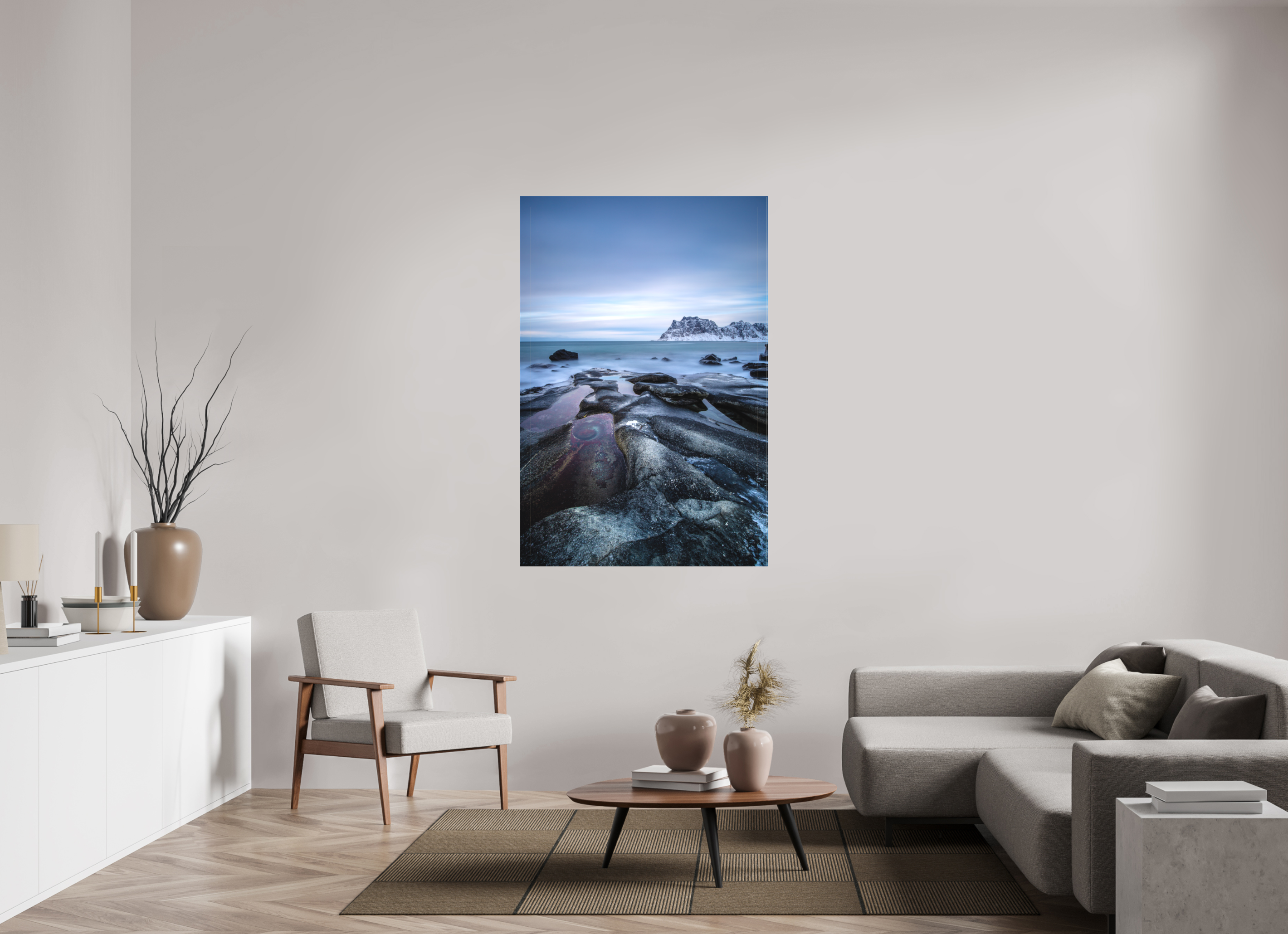 100 x 150 cm, Foto-Leinwand matt Mystisches Uttakleiv – Das Auge im Winterfels