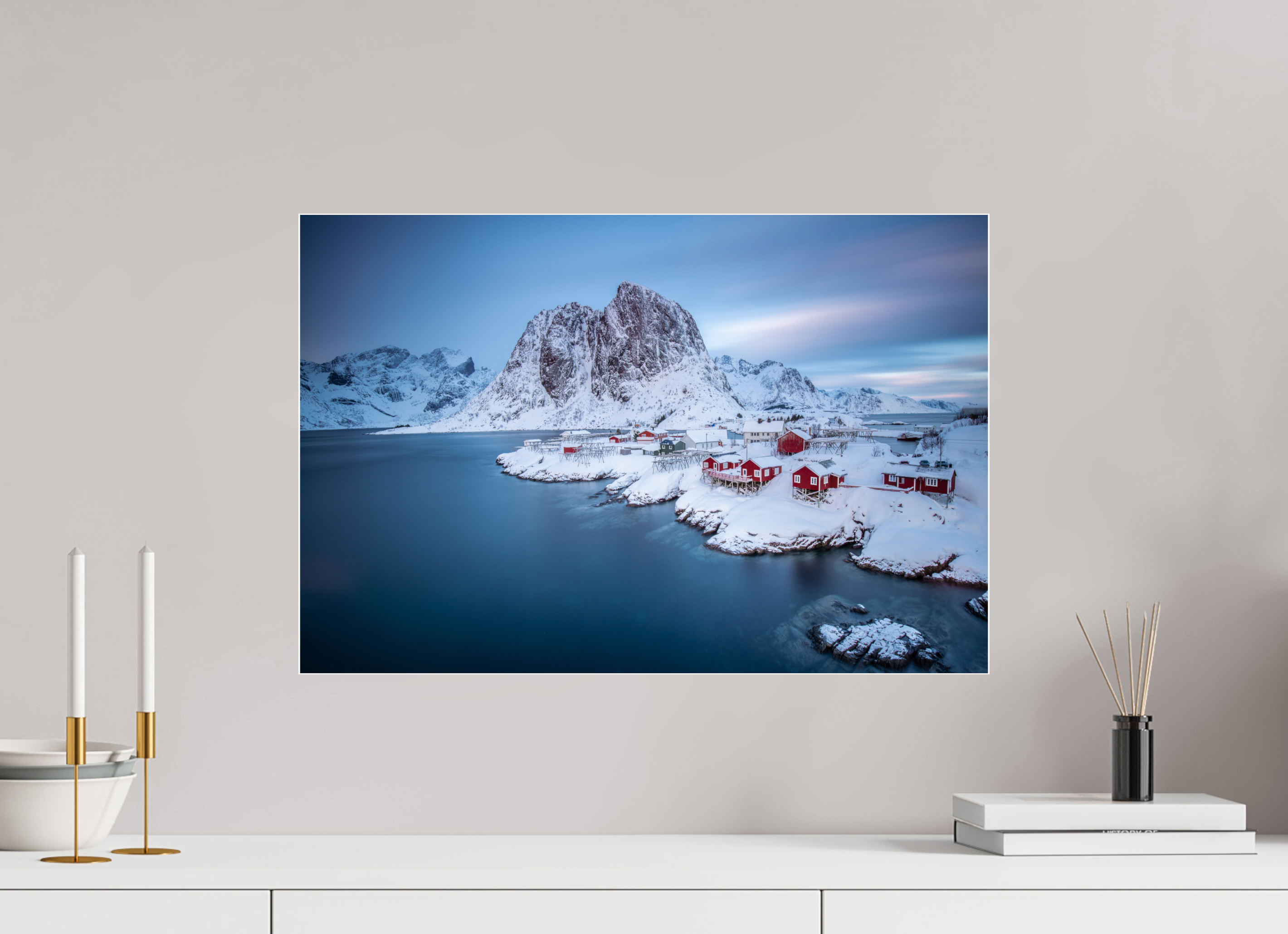 60 x 40 cm, Foto-Abzug Acrylglas 4 mm glänzend Hamnøy - Fischerdorf auf den Lofoten im Winter