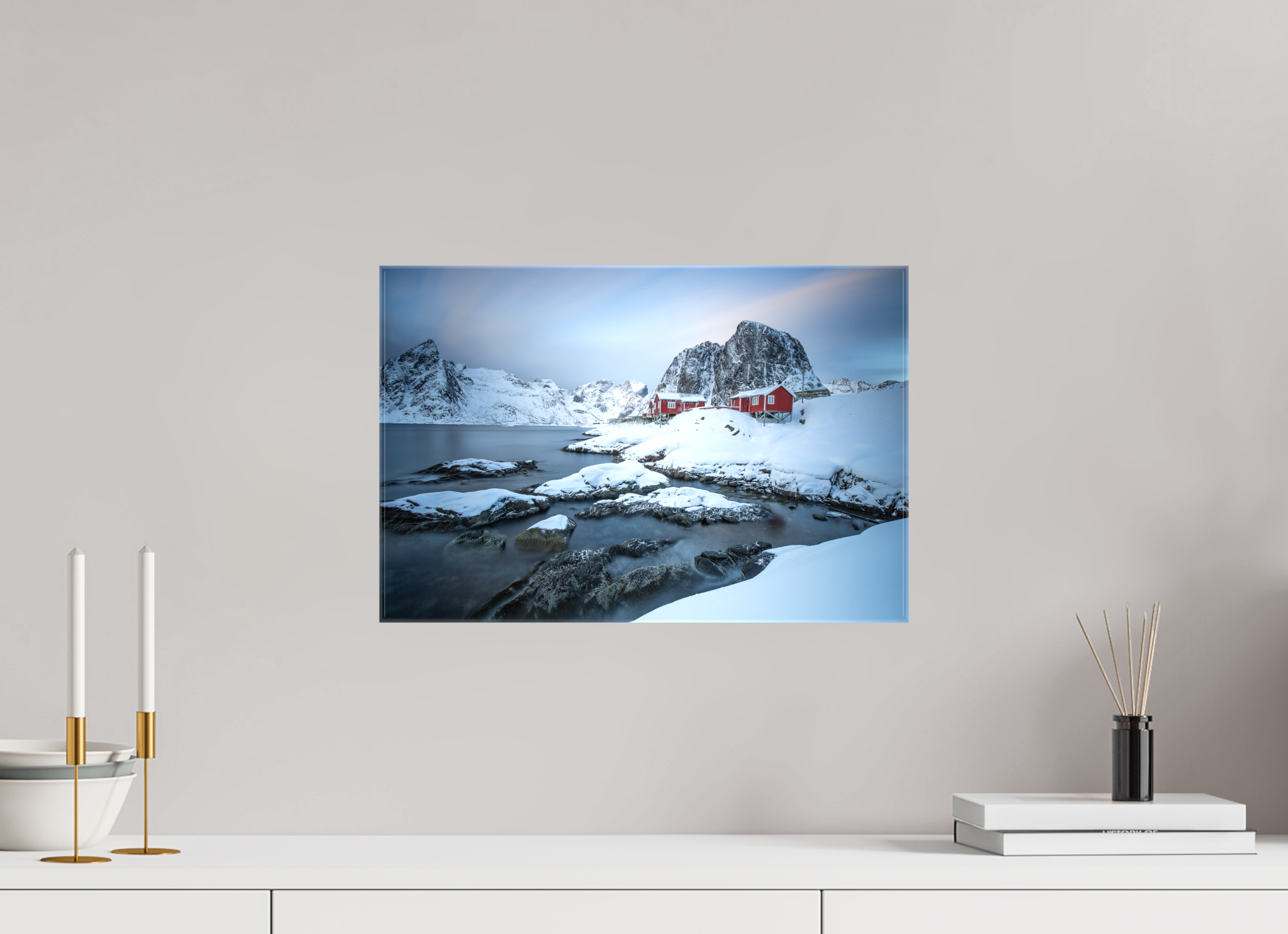 45 x 30 cm, Foto Leinwand glänzend Nordische Ruhe – Hamnøy zwischen Felsen und Fjord