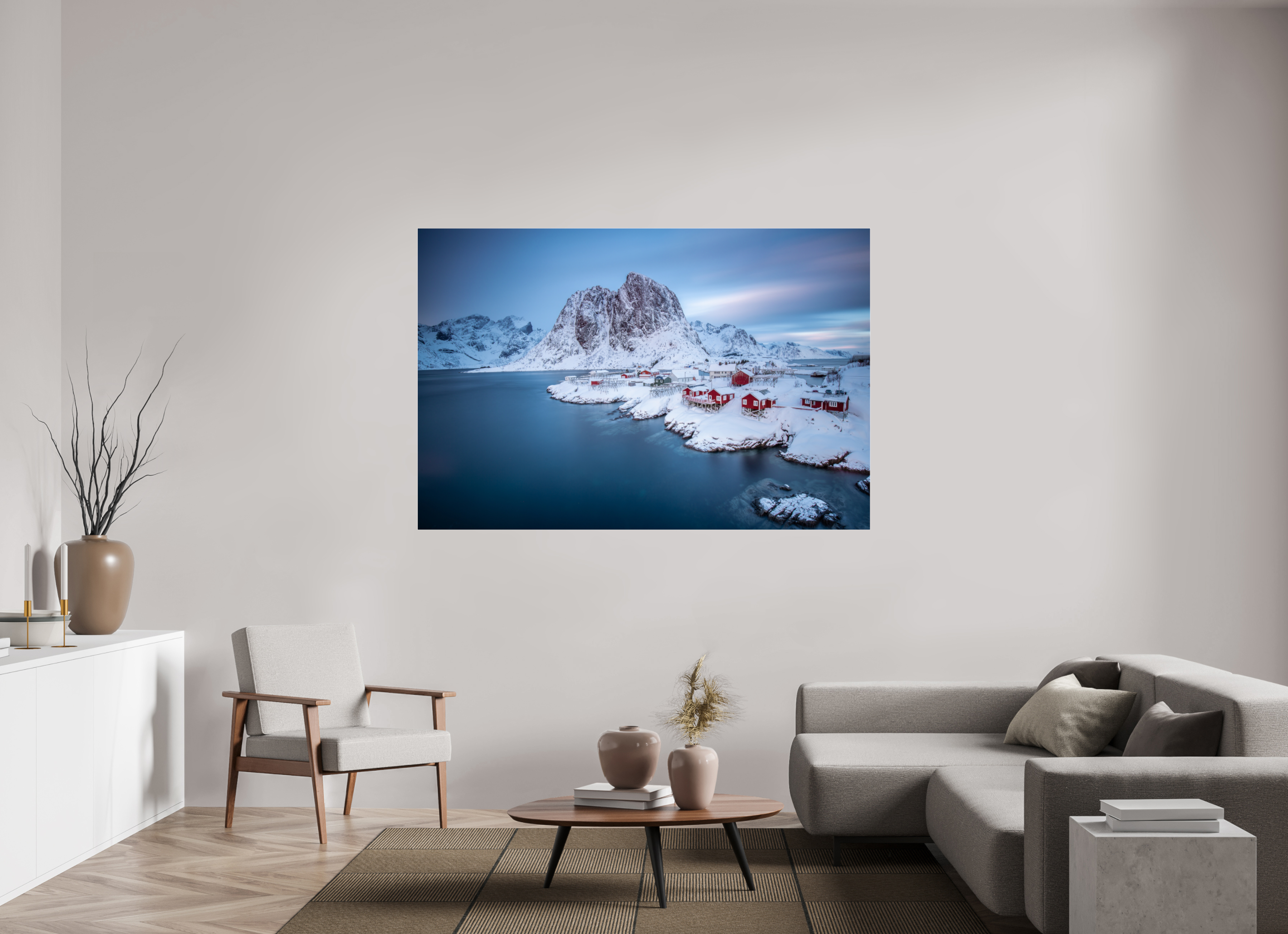 180 x 120 cm, Foto-Abzug Acrylglas 4 mm glänzend Hamnøy - Fischerdorf auf den Lofoten im Winter