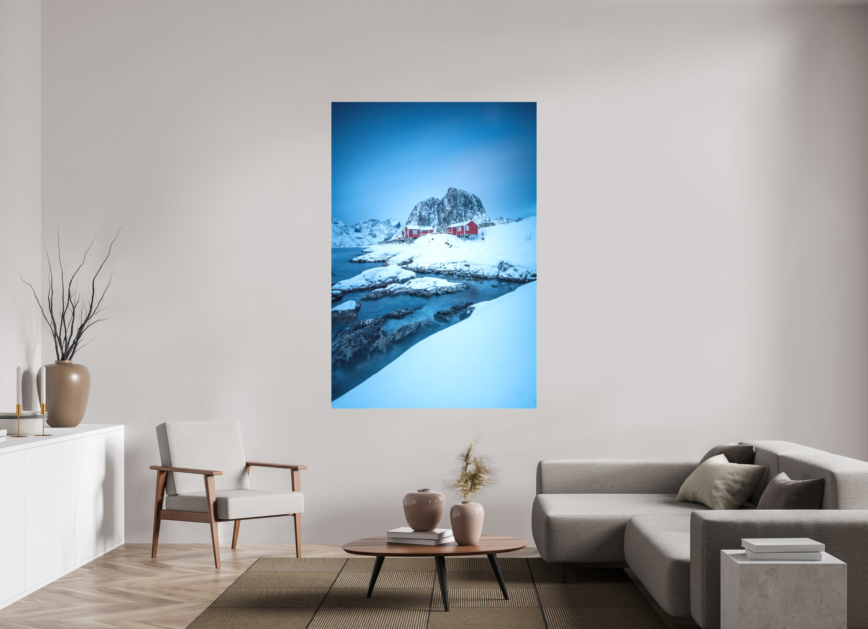 120 x 180 cm, Foto-Leinwand matt Winterstille in Hamnøy – Felsen, Wasser und rote Häuser