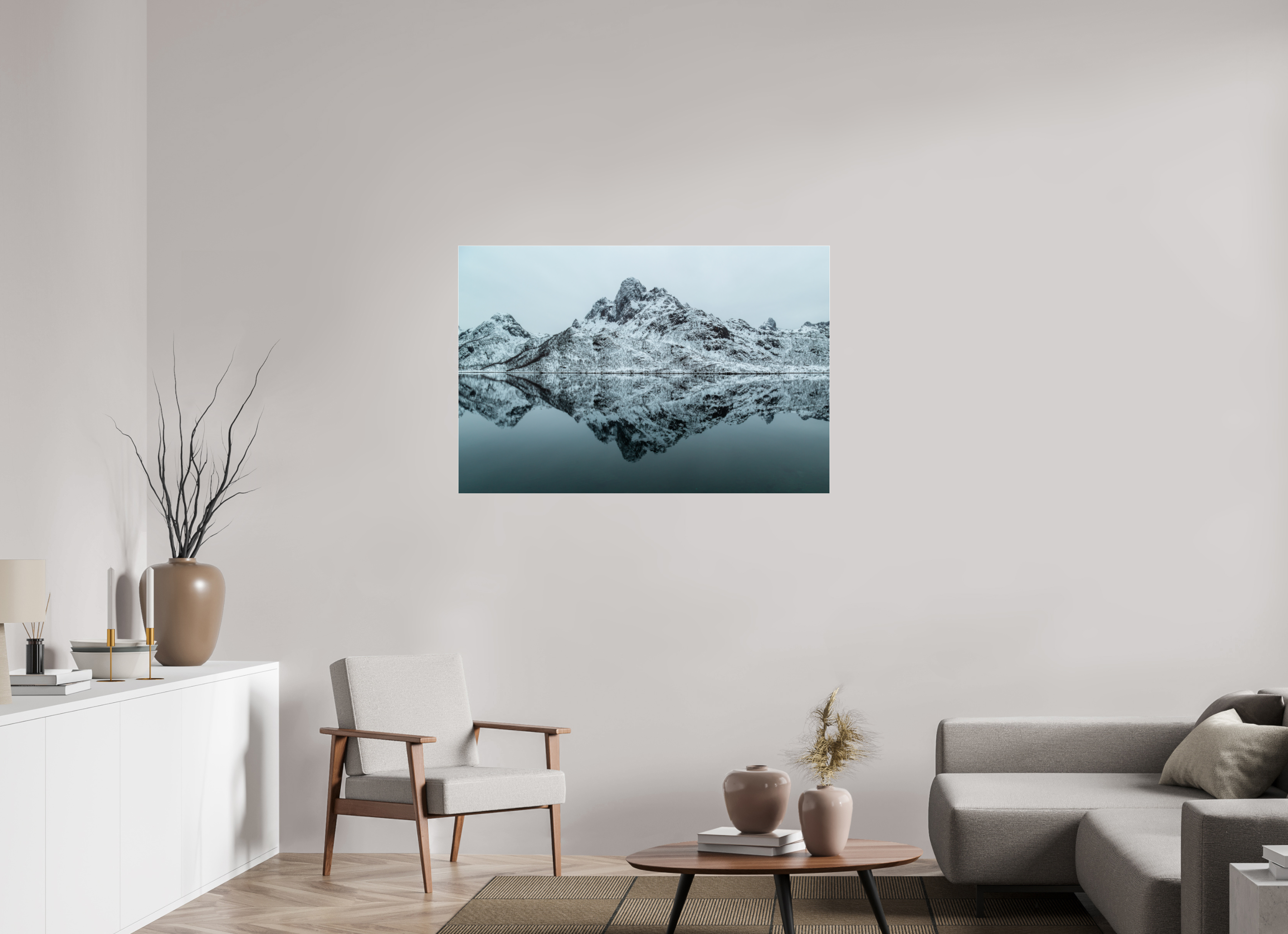120 x 80 cm, Foto-Abzug Acrylglas 4 mm glänzend Spiegelung der Stille – Fjordlandschaft Norwegens
