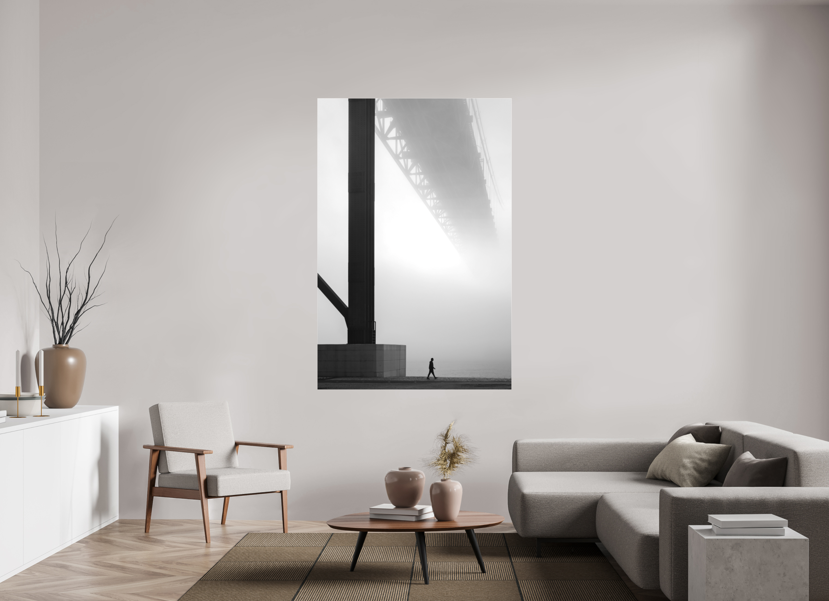 120 x 180 cm, Foto-Abzug hinter Acrylglas 3 mm matt Lissabon Brücke im Nebel S/W – Wandbild in Galeriequalität