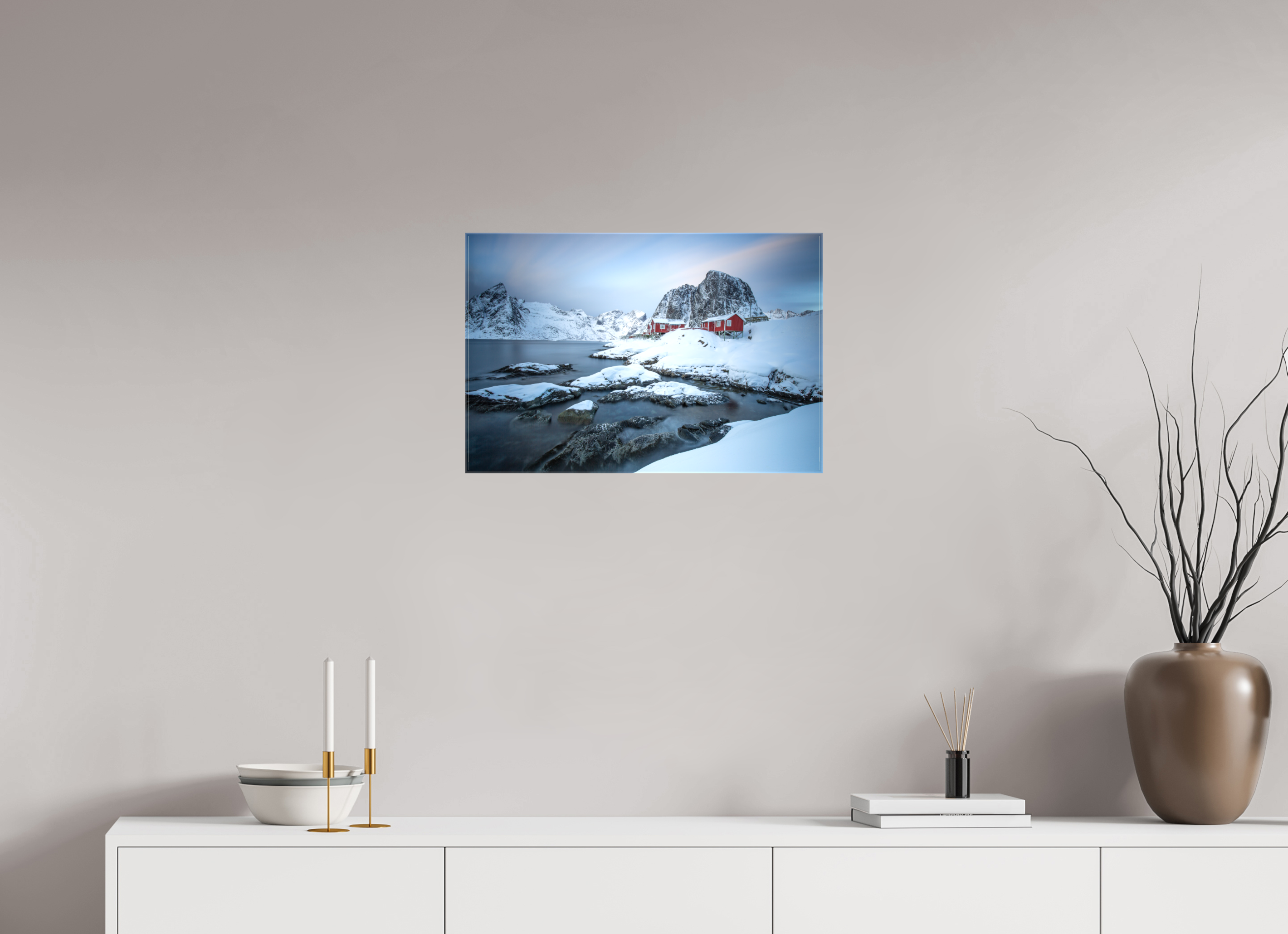60 x 40 cm, Foto Leinwand glänzend Nordische Ruhe – Hamnøy zwischen Felsen und Fjord