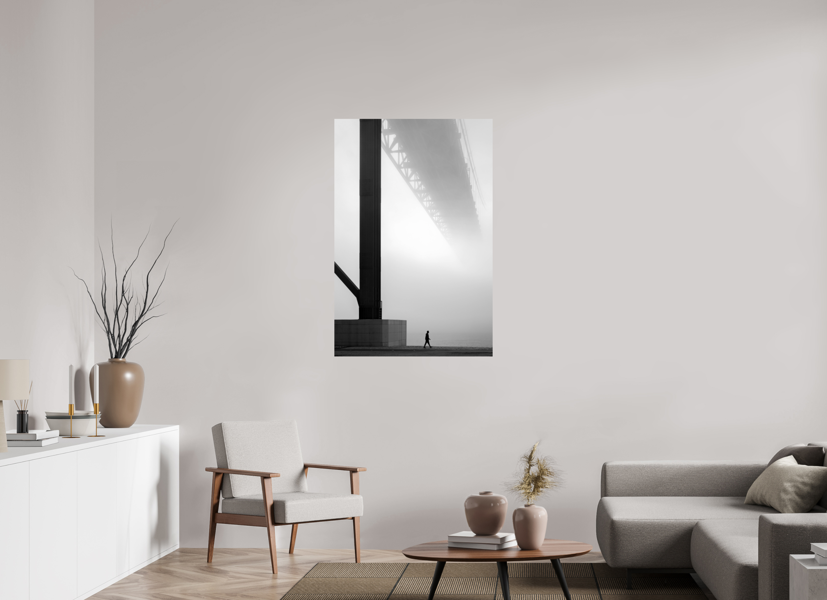 80 x 120 cm, Photo Print On Fuji Crystal DP II Lissabon Brücke im Nebel S/W – Wandbild in Galeriequalität