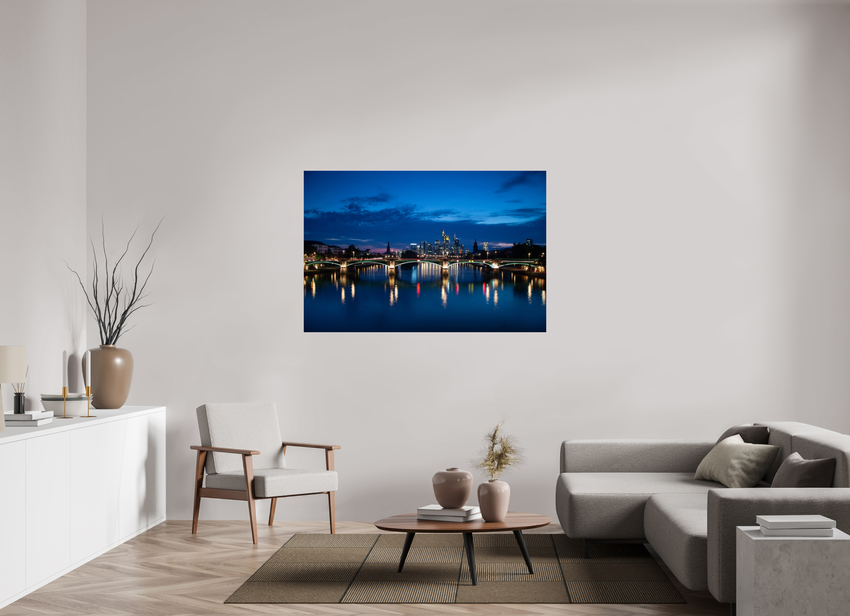 150 x 100 cm, Foto-Abzug Acrylglas 4 mm glänzend Frankfurter Skyline – Flößerbrücke zur Blauen Stunde