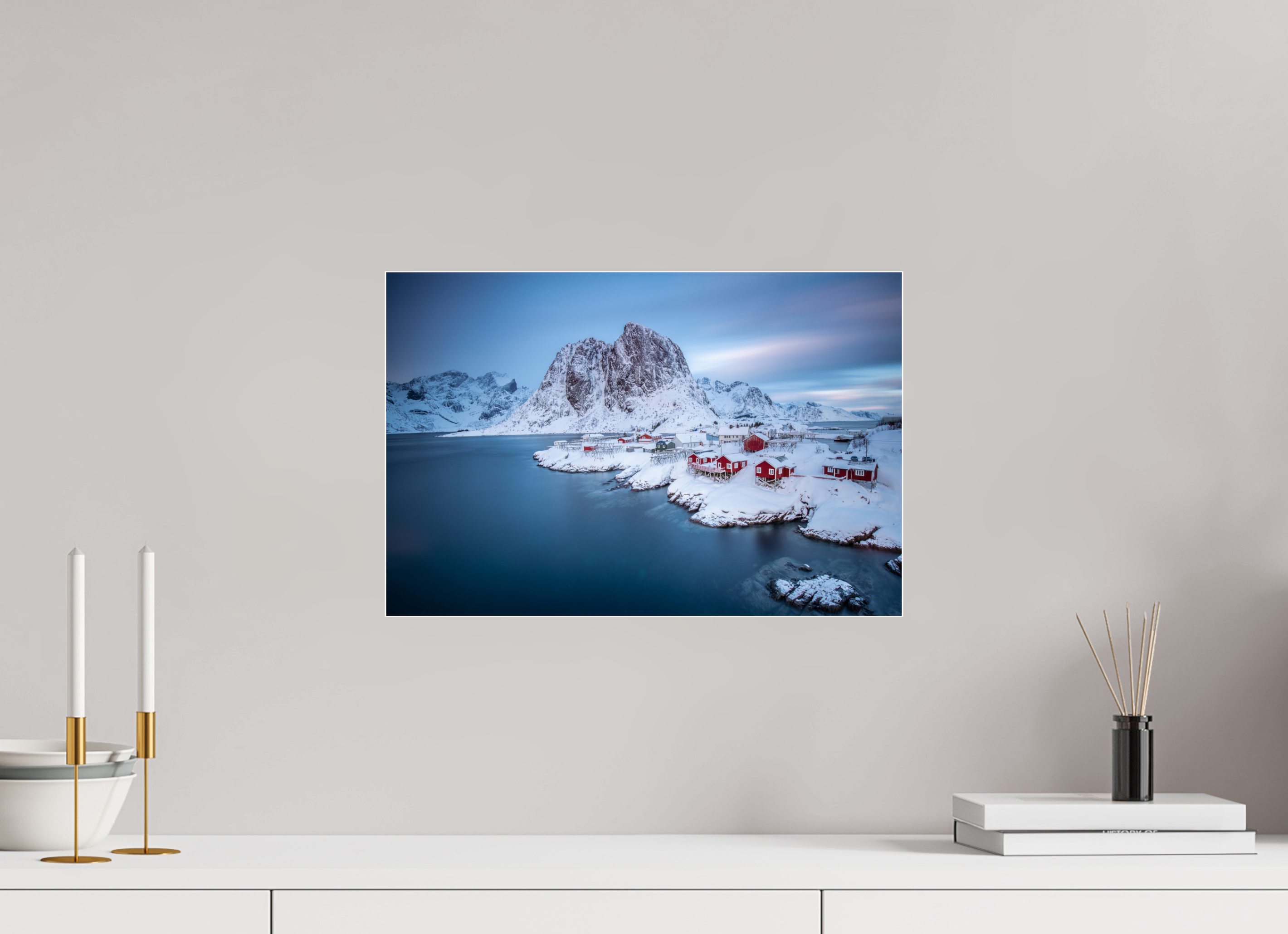 45 x 30 cm, Foto-Abzug Acrylglas 4 mm glänzend Hamnøy - Fischerdorf auf den Lofoten im Winter