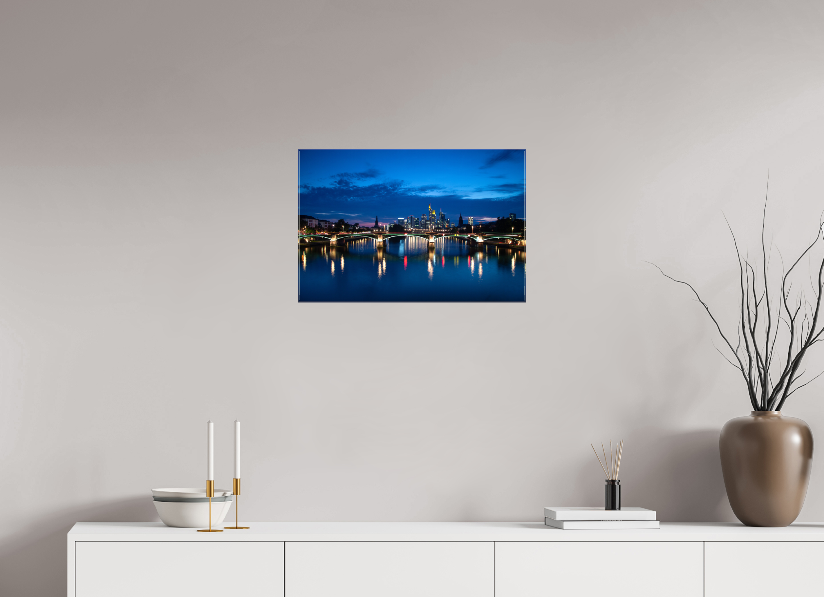 60 x 40 cm, Foto Leinwand glänzend Frankfurter Skyline – Flößerbrücke zur Blauen Stunde