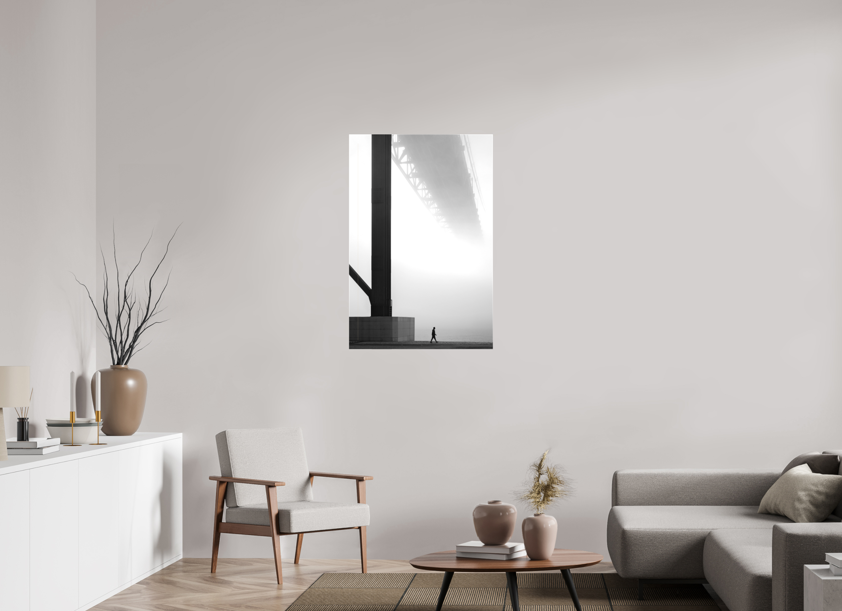 70 x 105 cm, Foto-Leinwand matt Lissabon Brücke im Nebel S/W – Wandbild in Galeriequalität