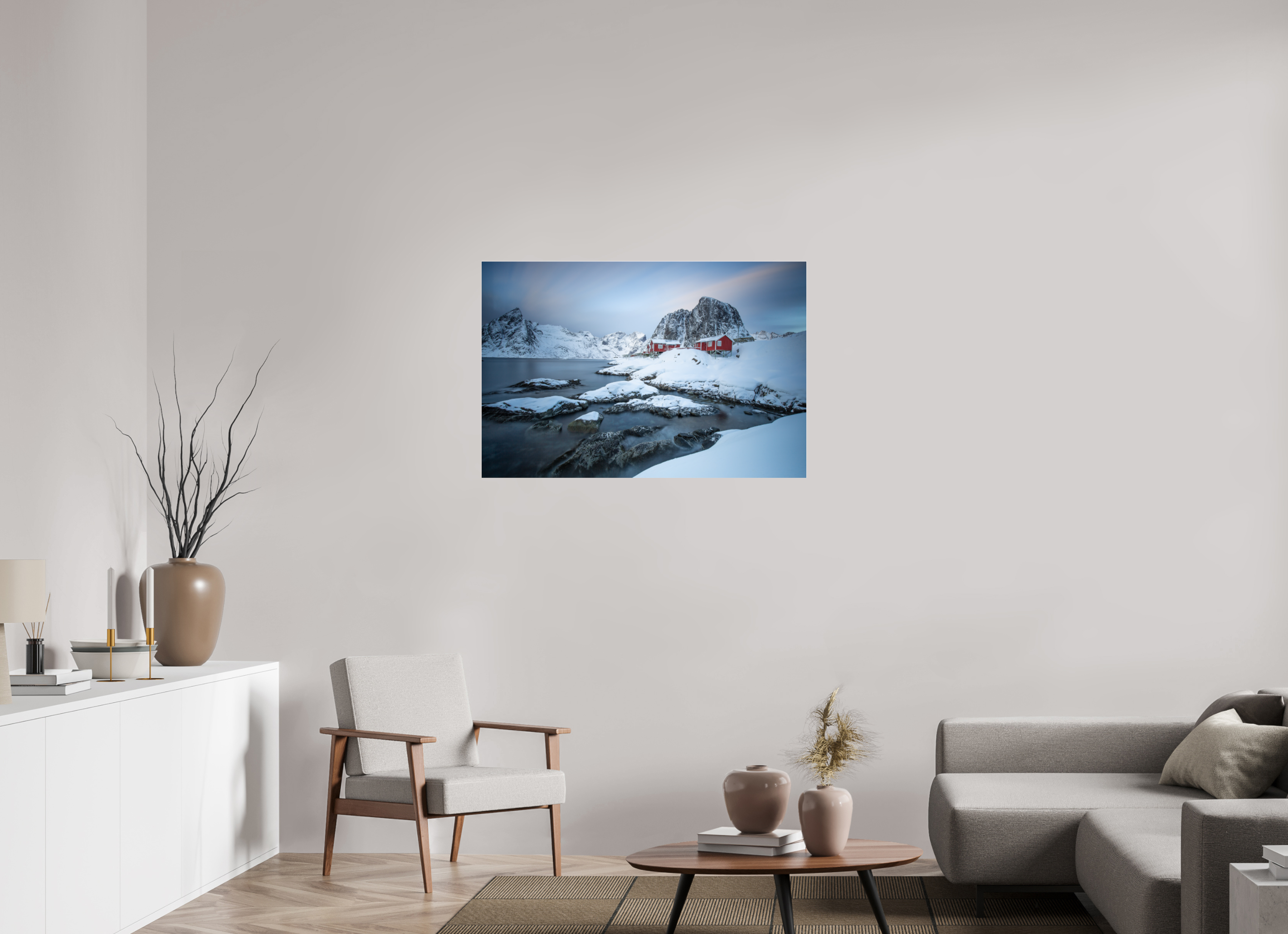 105 x 70 cm, Foto-Abzug Acrylglas 4 mm glänzend Nordische Ruhe – Hamnøy zwischen Felsen und Fjord