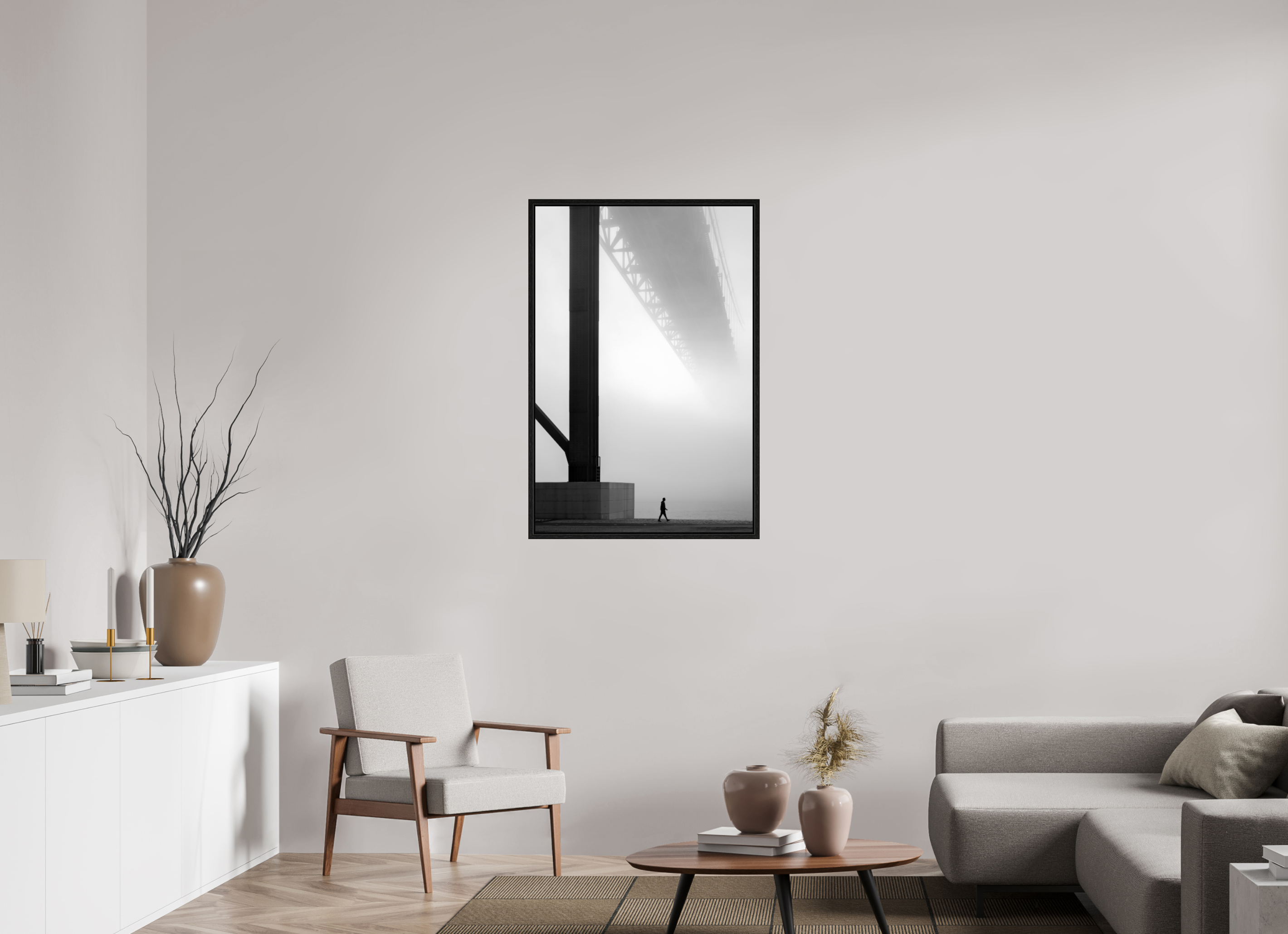 70 x 105 cm, Floater Frame Lissabon Brücke im Nebel S/W – Wandbild in Galeriequalität