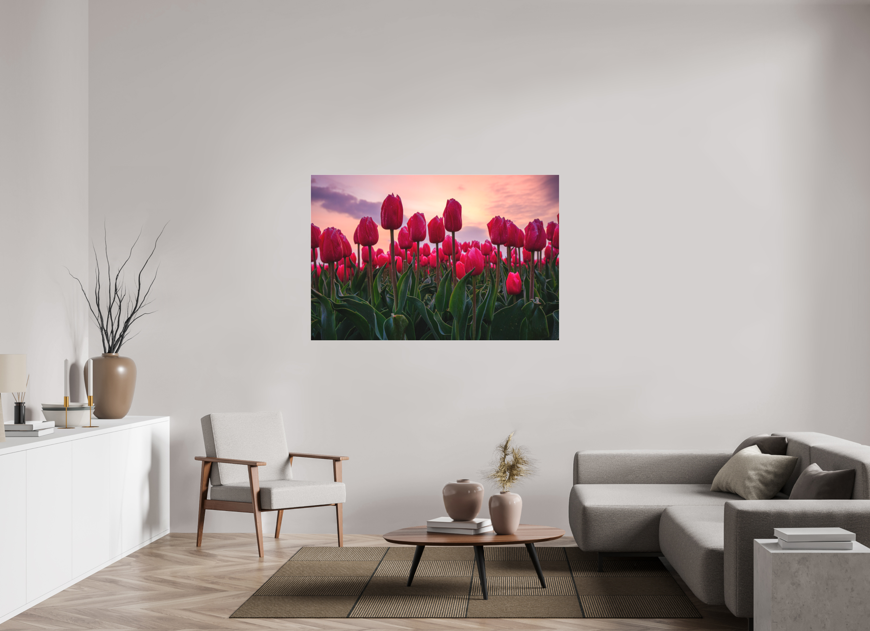 150 x 100 cm, Foto-Abzug hinter Acrylglas 3 mm matt Glutrot am Horizont: Magie des Tulpenfelds im Abendlicht