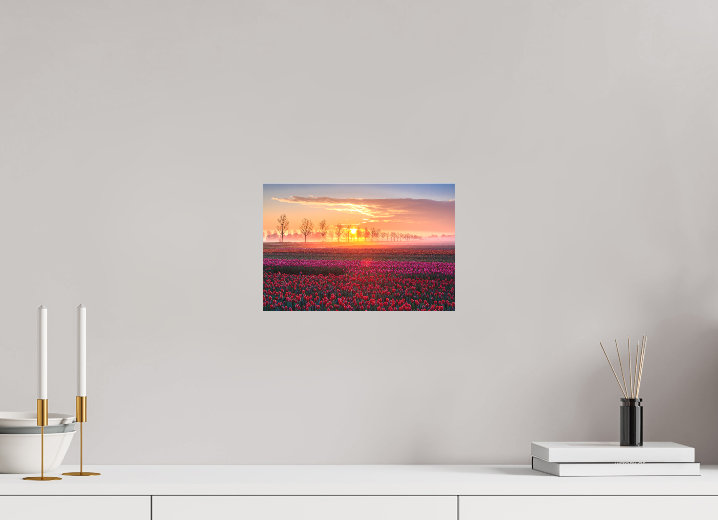 30 x 20 cm, Foto-Abzug hinter Acrylglas 3 mm matt Sonnenaufgang über dem Tulpfenfeld