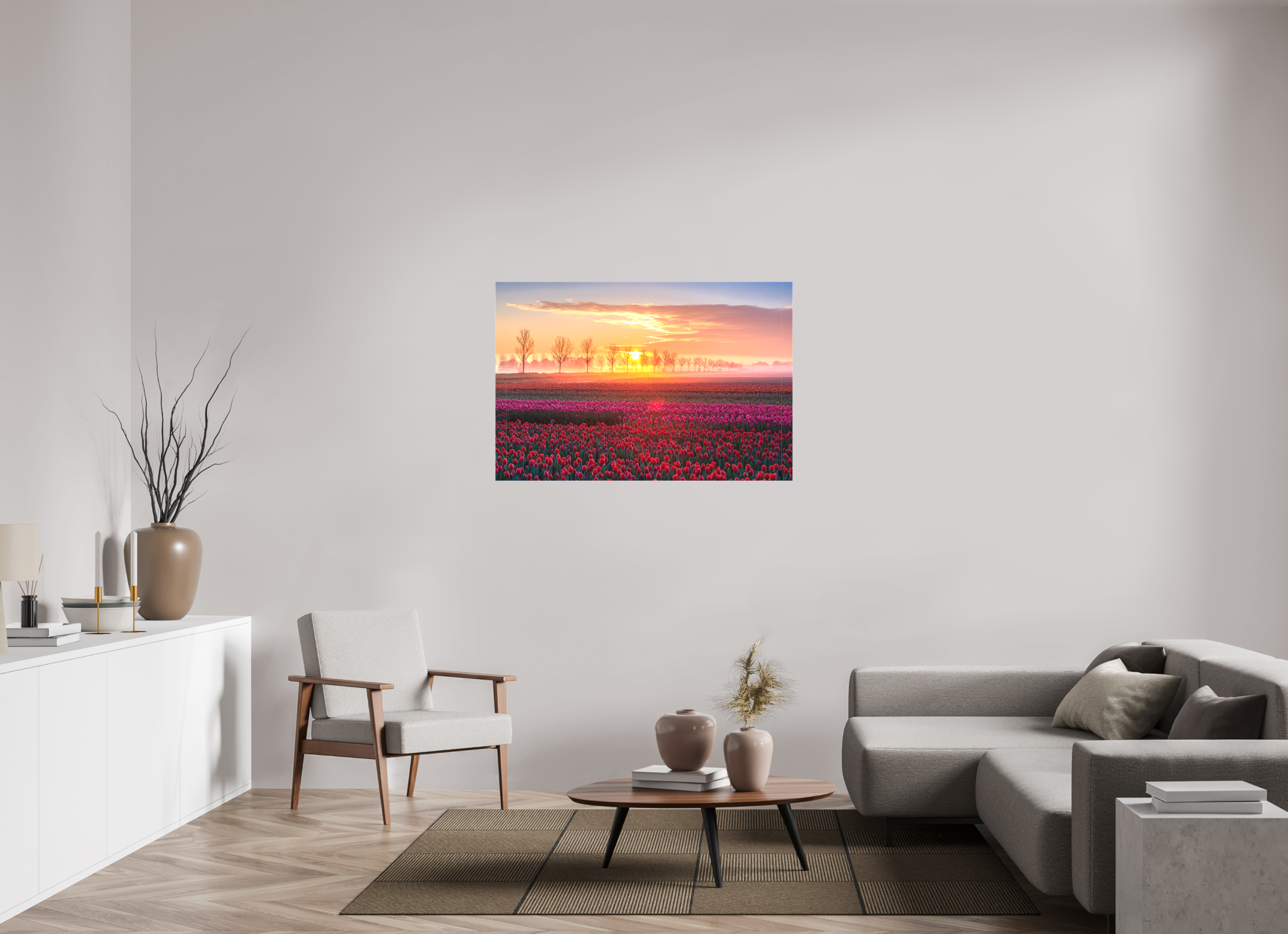 120 x 80 cm, Foto-Leinwand matt Sonnenaufgang über dem Tulpfenfeld