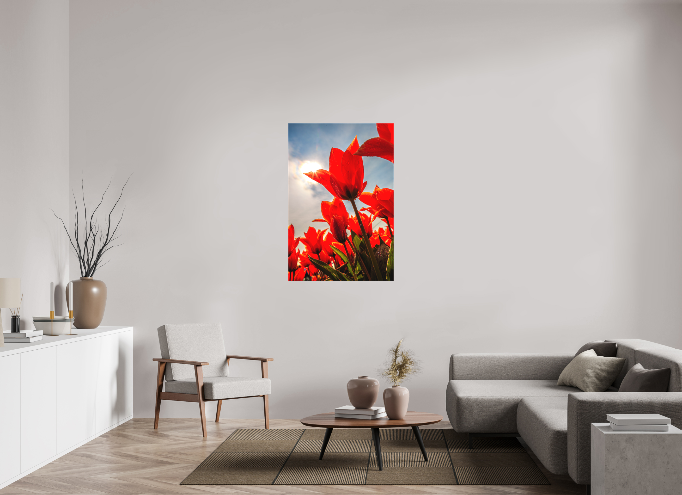 80 x 120 cm, Foto-Leinwand matt Leuchtende Kelche: Offene Tulpen im Sonnenlicht
