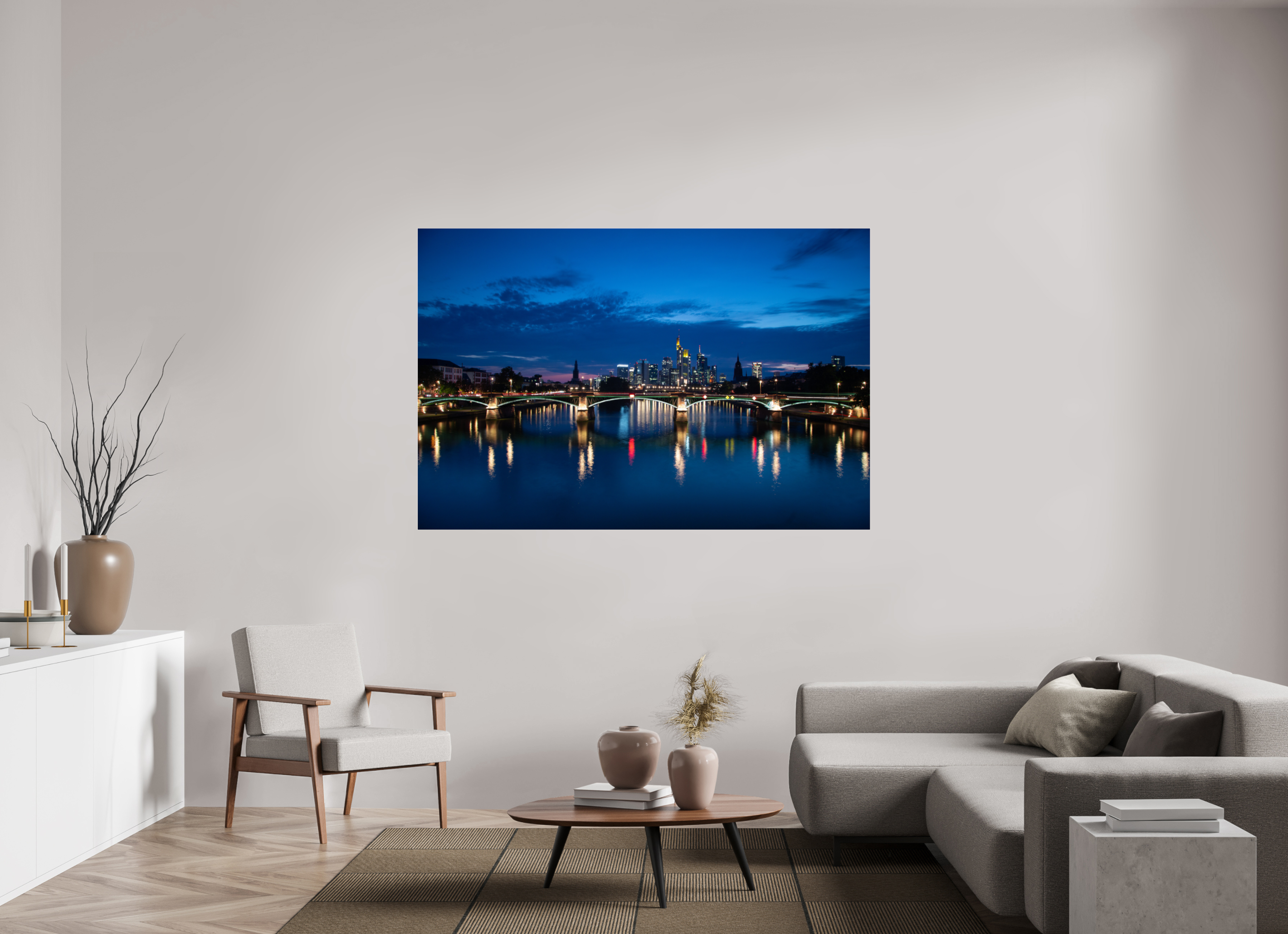 180 x 120 cm, Foto-Abzug Acrylglas 4 mm glänzend Frankfurter Skyline – Flößerbrücke zur Blauen Stunde
