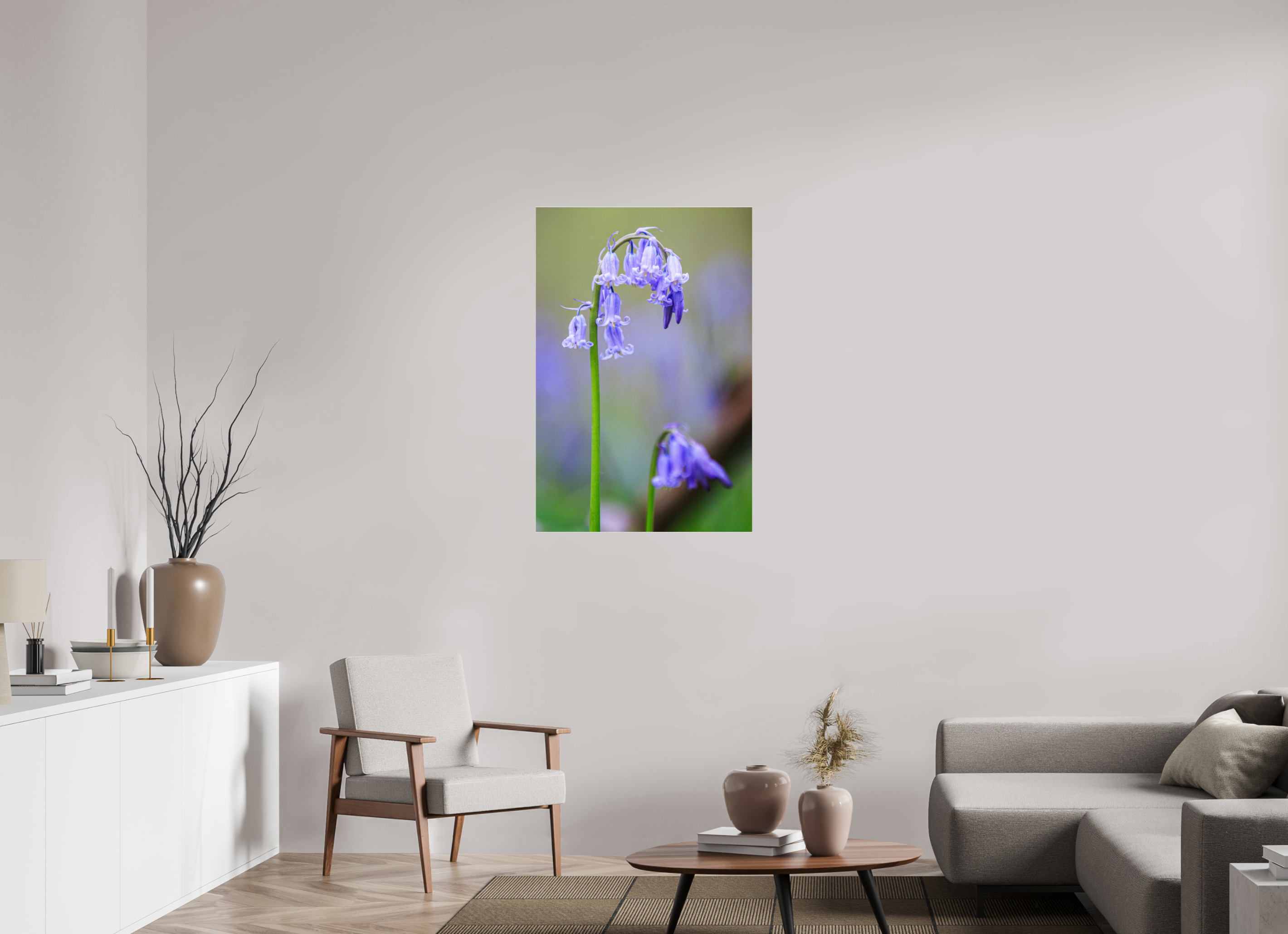 70 x 105 cm, Foto-Abzug Acrylglas 4 mm glänzend Zarte Poesie: Hasenglöckchen im Bokeh-Fokus