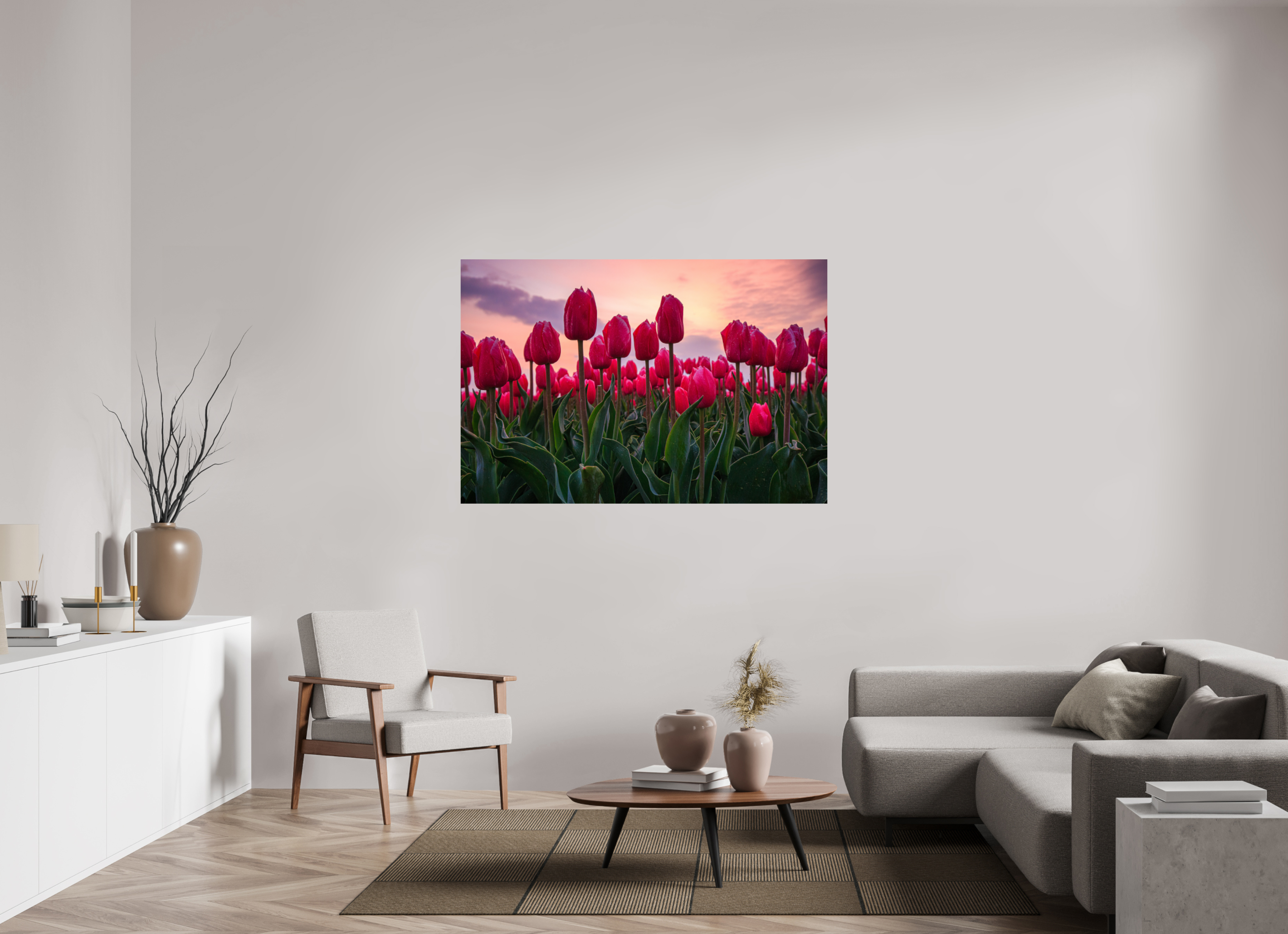 150 x 100 cm, Photo Print On Fuji Crystal DP II Glutrot am Horizont: Magie des Tulpenfelds im Abendlicht