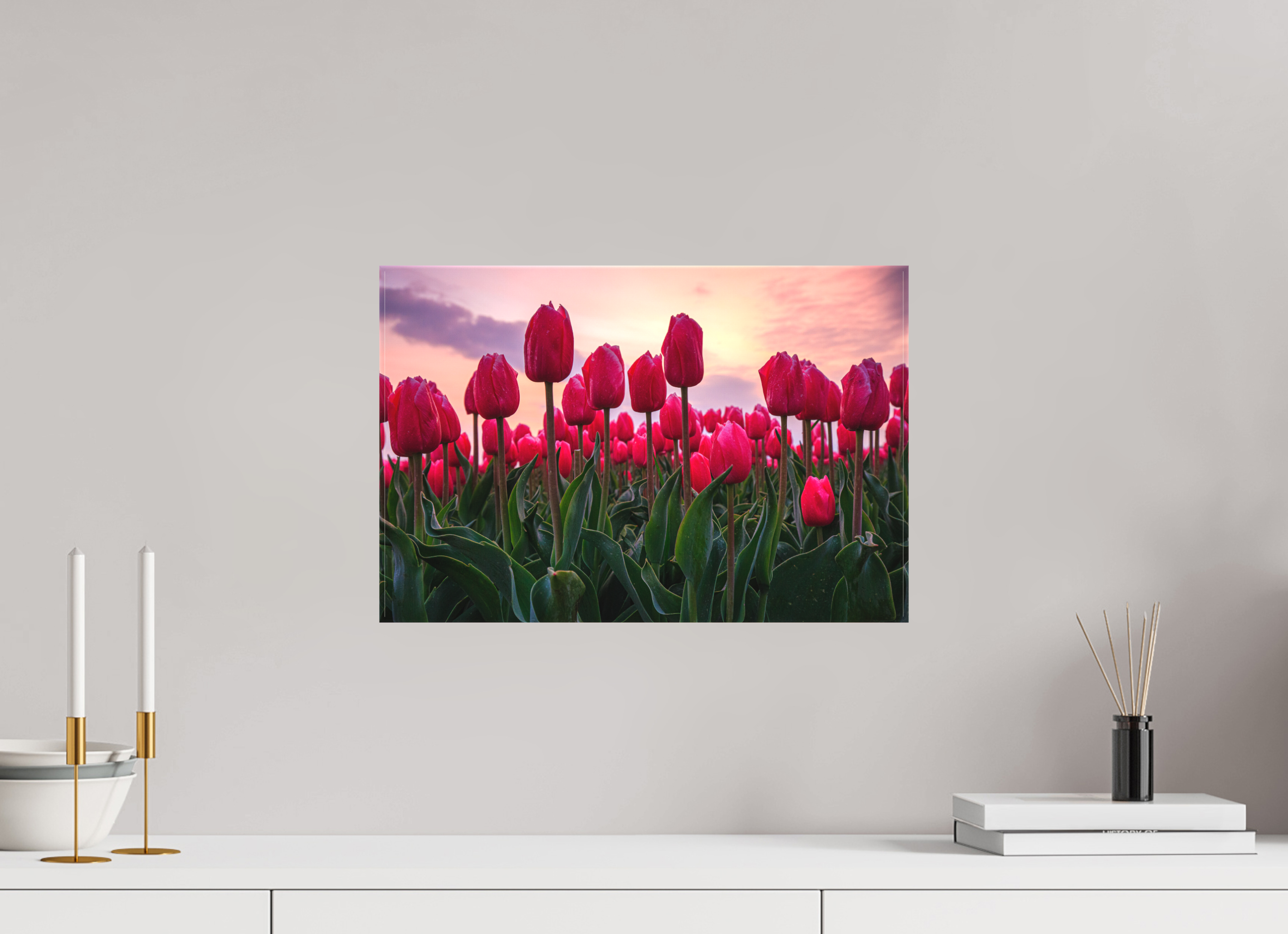 45 x 30 cm, Foto-Leinwand matt Glutrot am Horizont: Magie des Tulpenfelds im Abendlicht