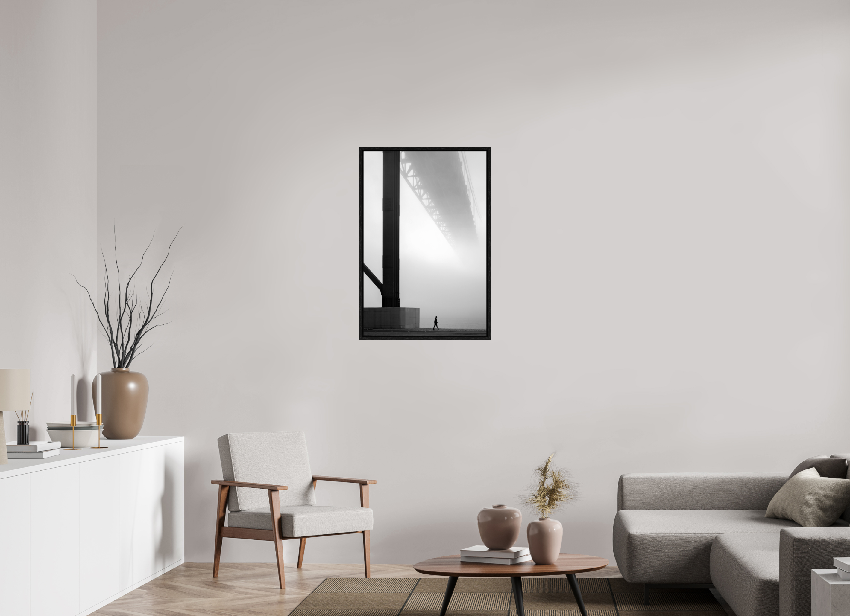 60 x 90 cm, Floater Frame Lissabon Brücke im Nebel S/W – Wandbild in Galeriequalität